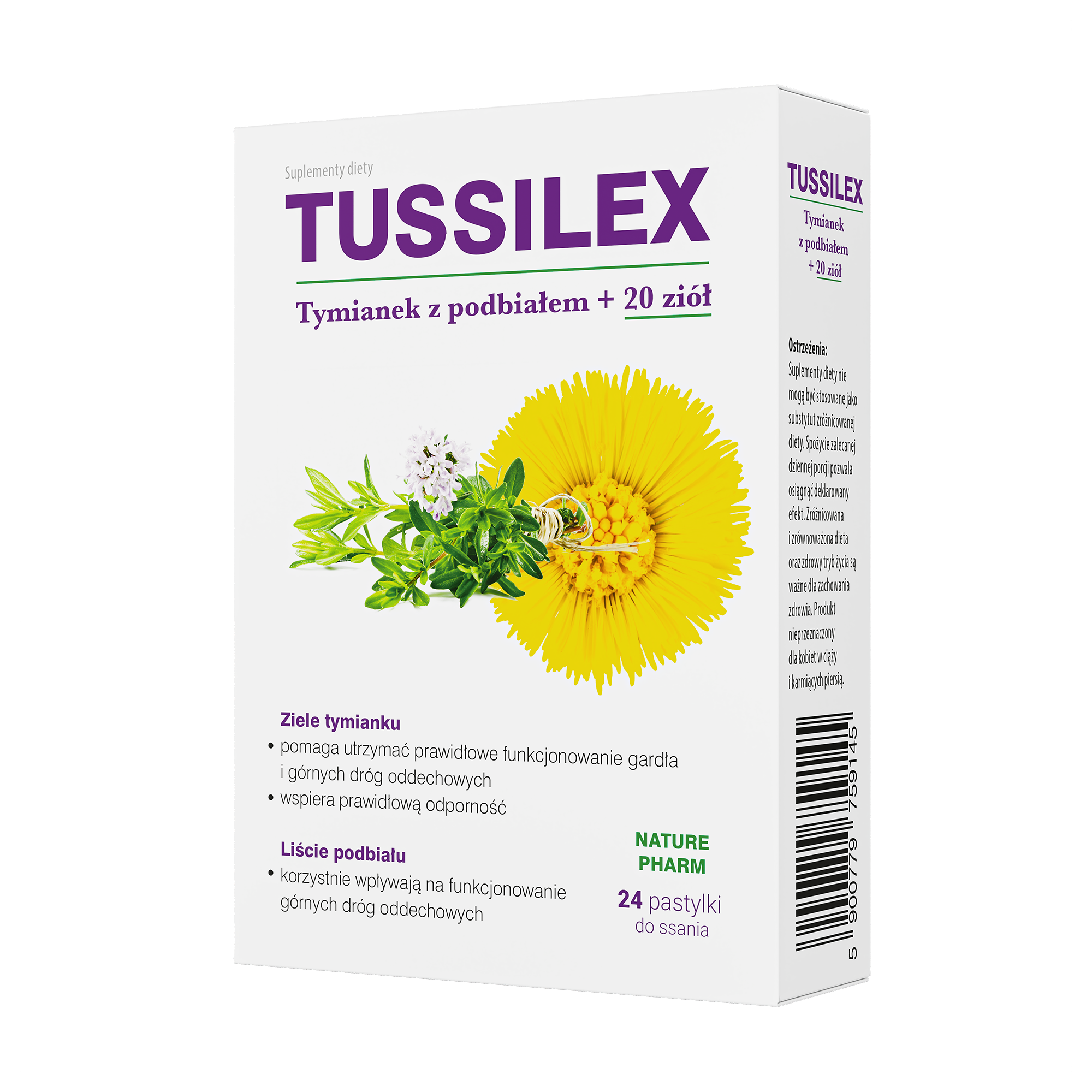 Tussilex Tymianek Z Podbiałem + 20 Ziół, pastylki do ssania, 24 sztuki