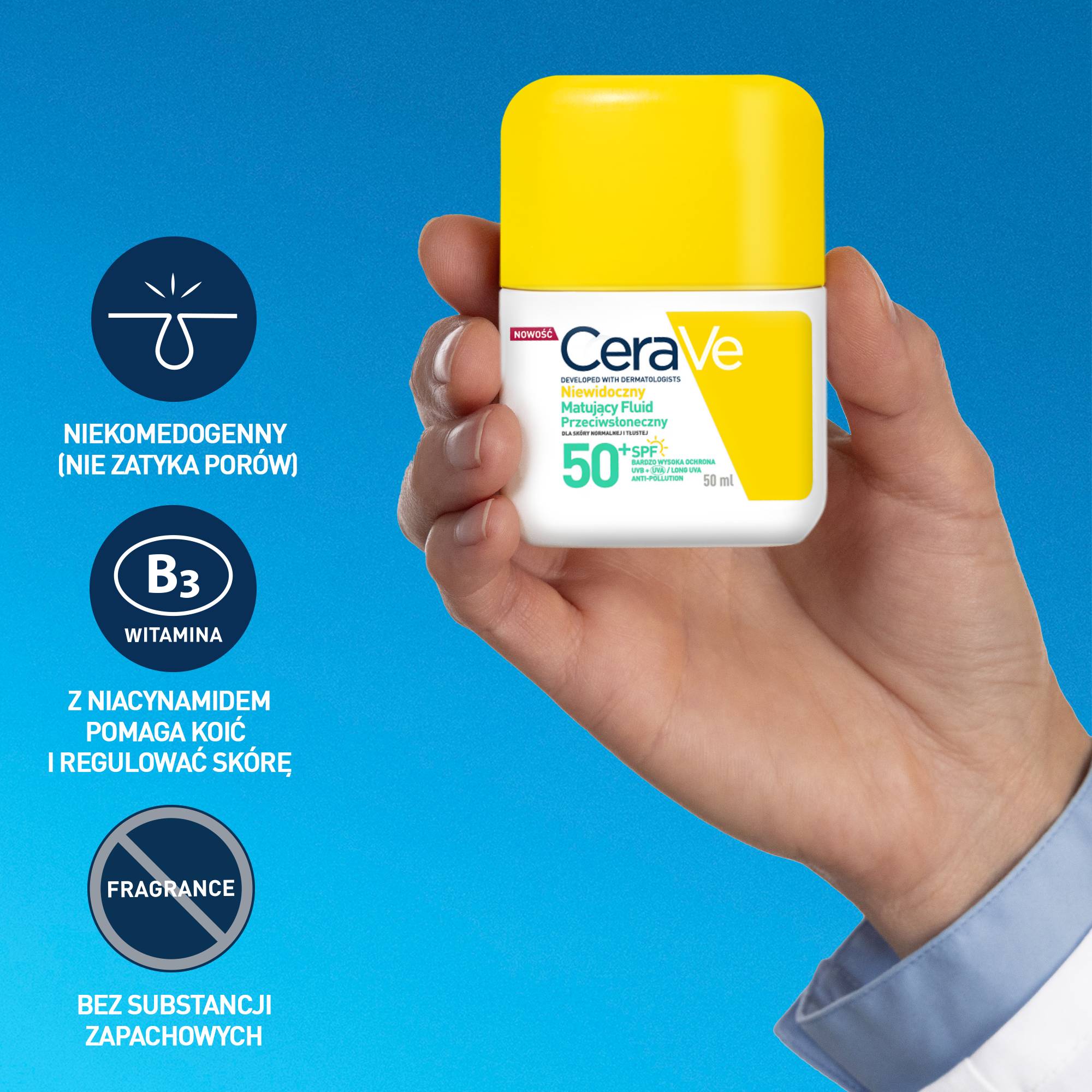 Cerave Sun, niewidoczny nawilżający fluid przeciwsłoneczny do skóry suchej SPF 50, 50 ml