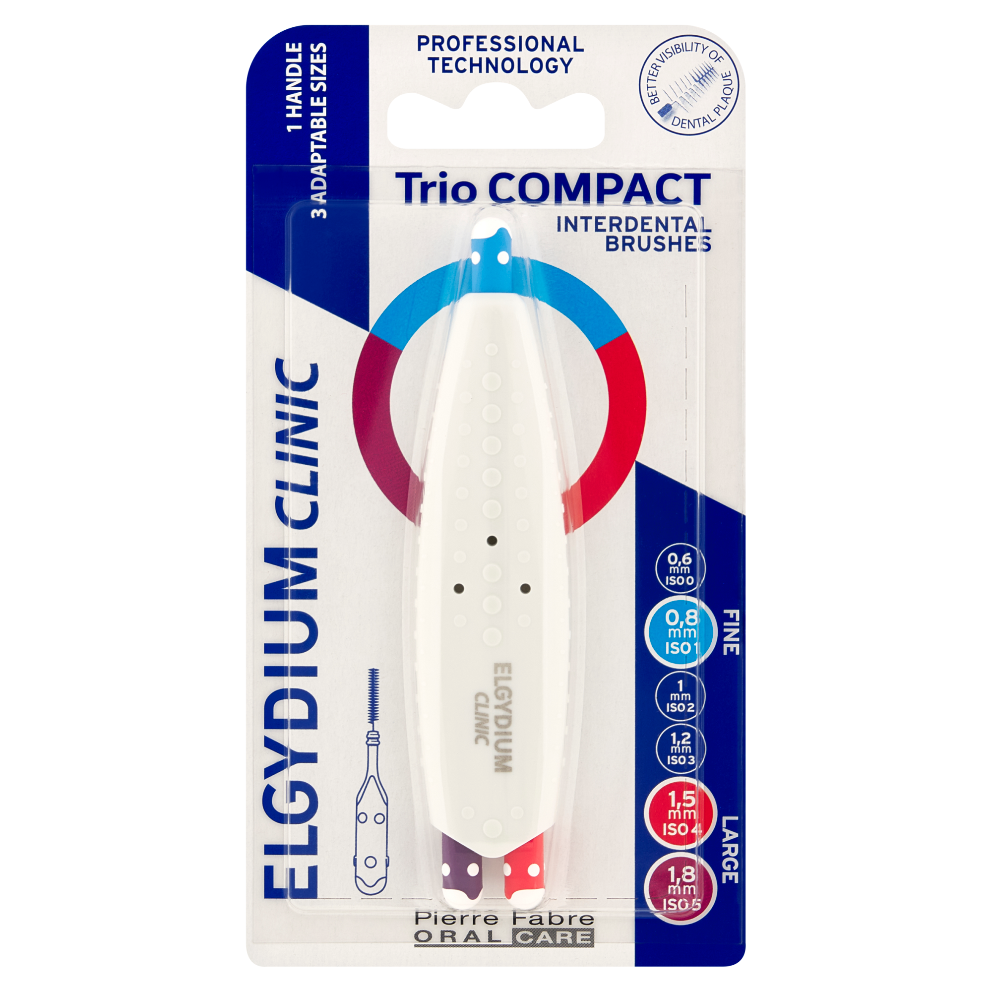 ELGYDIUM Trio Compact 145 Fine i Large, Szczoteczki międzyzębowe w 3 rozmiarach (3 sztuki + 1 uchwyt) zdjęcie