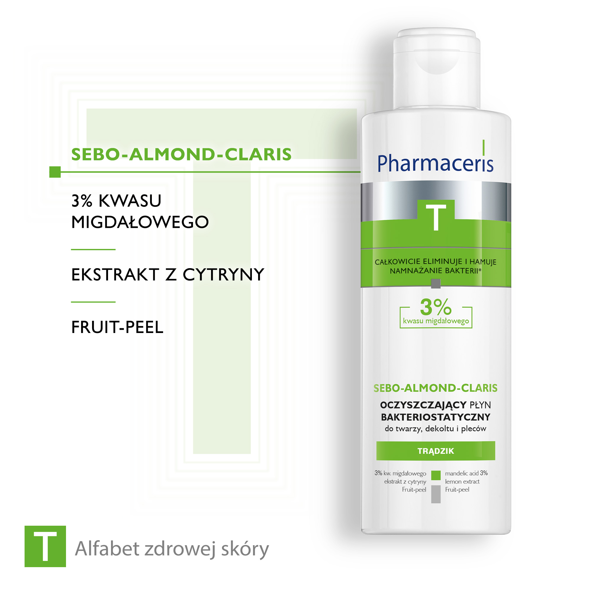 Pharmaceris T Sebo-Almond-Claris, oczyszczający płyn bakteriostatyczny, 3% kwasu migdałowego, 190 ml
