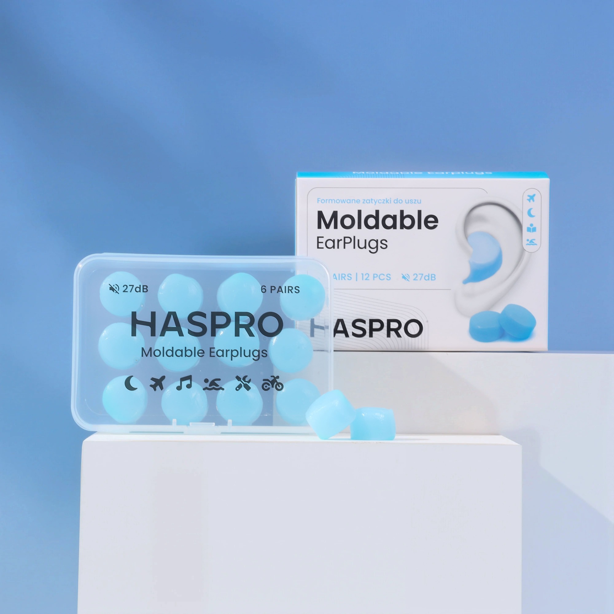 Haspro Moldable Earplugs 27 dB Formowane zatyczki do uszu kolor niebieski, 6 par/12 sztuk
