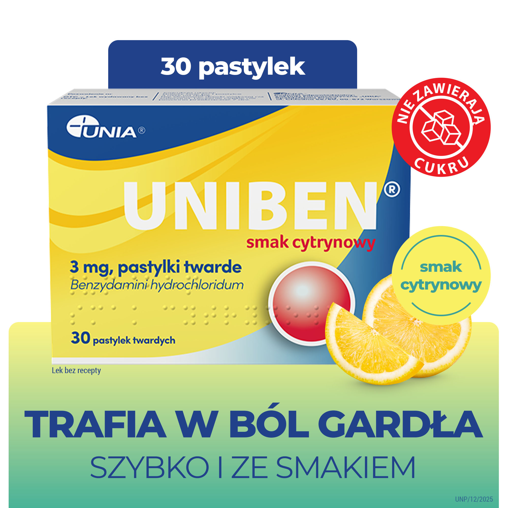 Uniben smak cytrynowy, 3 mg, pastylki twarde, 30 sztuk
