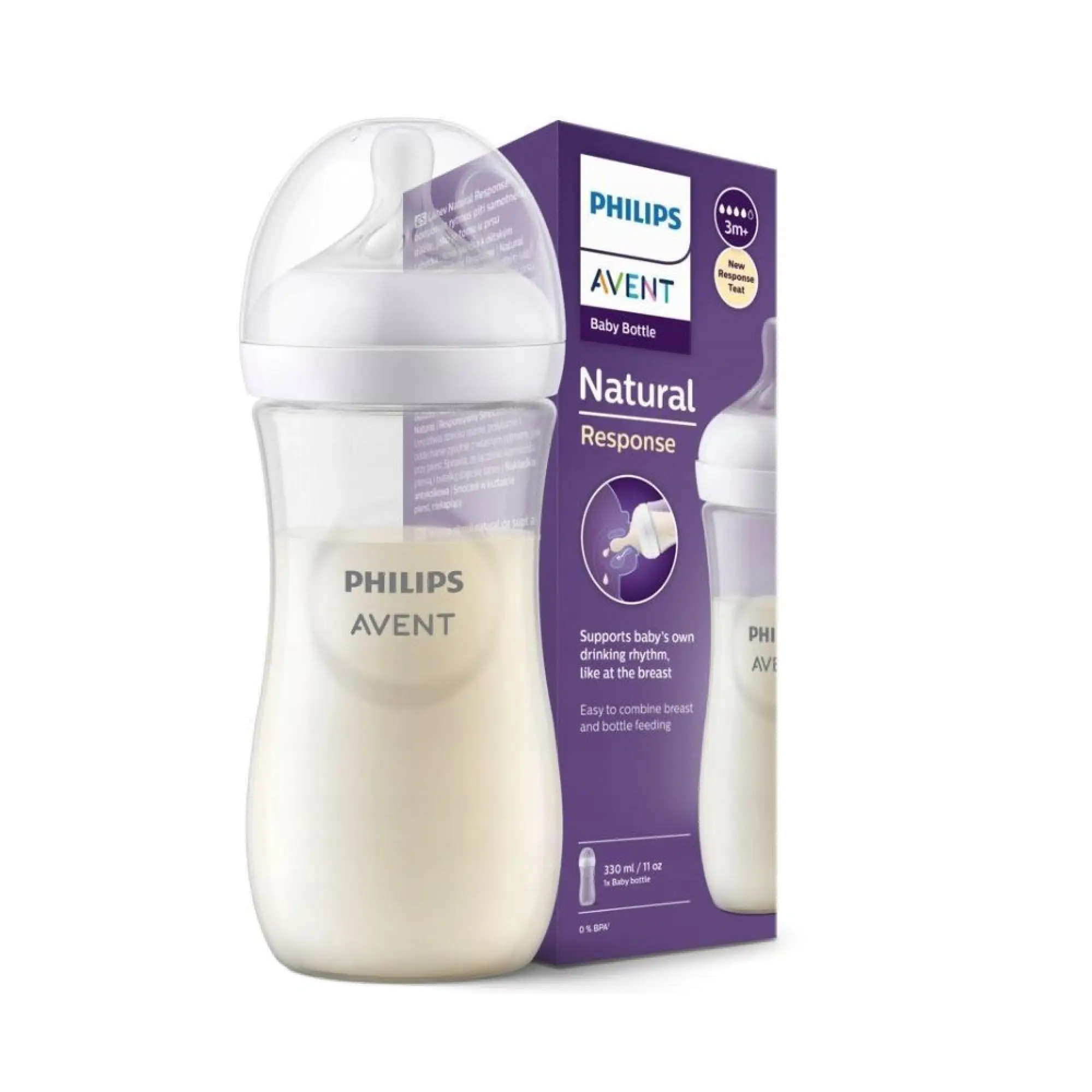 Philips Avent Responsywna Butelka Natural SCY903/01, 260 ml + Philips Avent Responsywny Smoczek Natural 1m+ SCY964/02, 2 sztuki zdjęcie