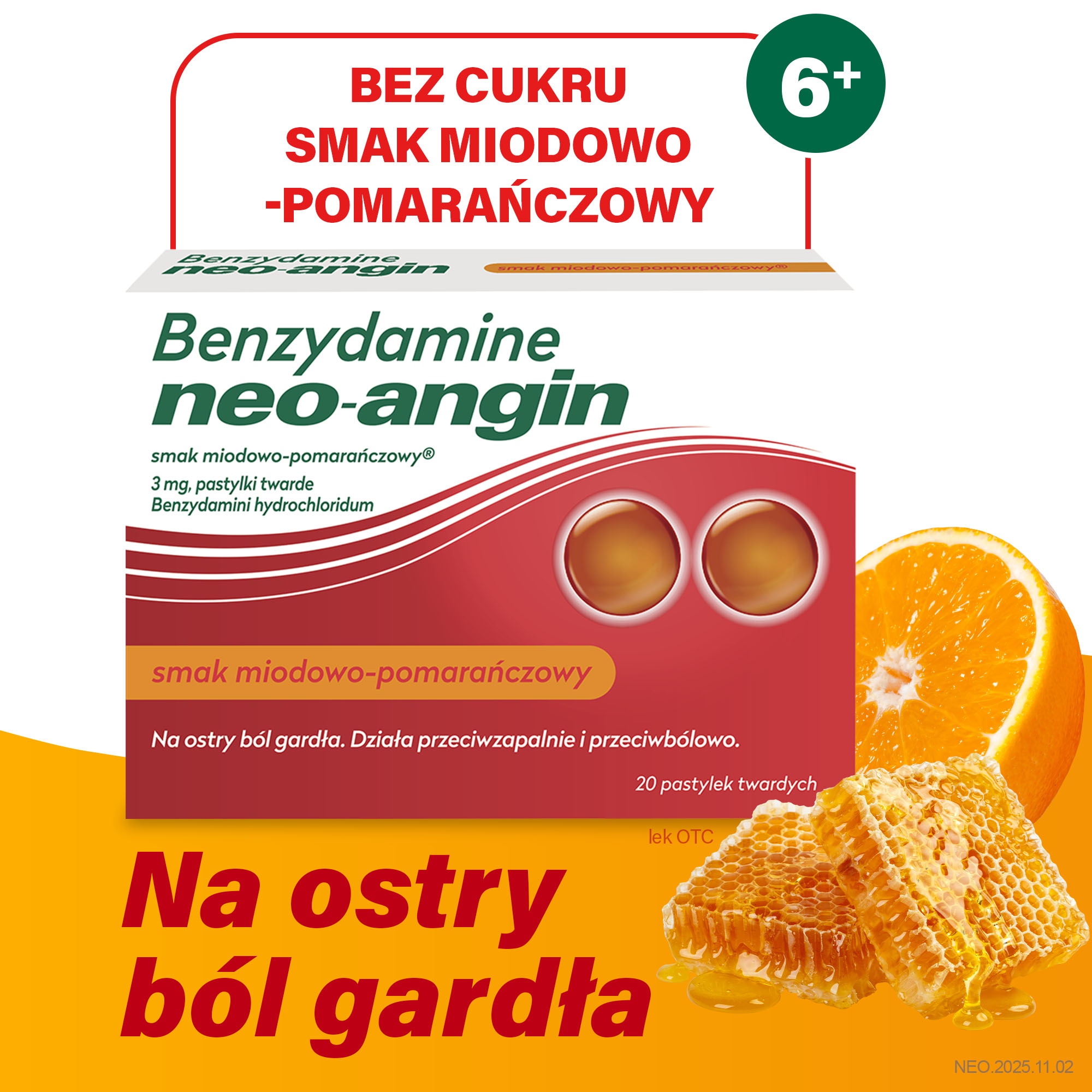 Benzydamine neo-angin smak miodowo-pomarańczowy, tabletki, 20 sztuk