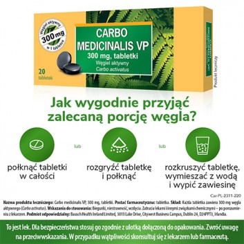 Carbo Medicinalis VP, 300 mg, węgiel aktywny w tabletkach, 20 sztuk
