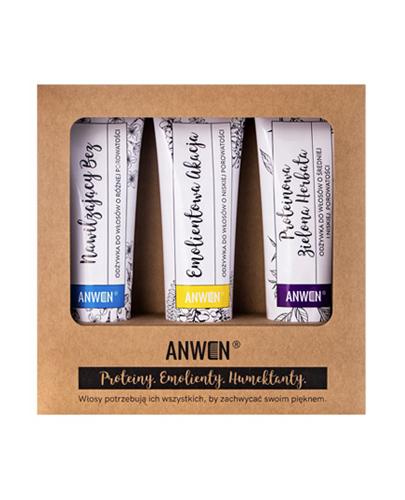 Anwen Zestaw Odżywek do włosów Nawilżający Bez o różnej porowatości, 100 ml + Emolientowa Akacja o niskiej porowatości, 100 ml + Proteinowa Zielona Herbata o średniej i niskiej porowatości, 100 ml, cena, opinie, wskazania zdjęcie