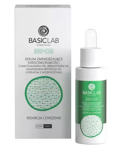 BasicLab Cosmetology Esteticus Serum zmniejszające niedoskonałości z Niacynamidem 10%, Prebiotykiem 5%, kompleksem peptydów 2% i filtratem z wody ryżowej Redukcja i Zwężenie, 30 ml  zdjęcie