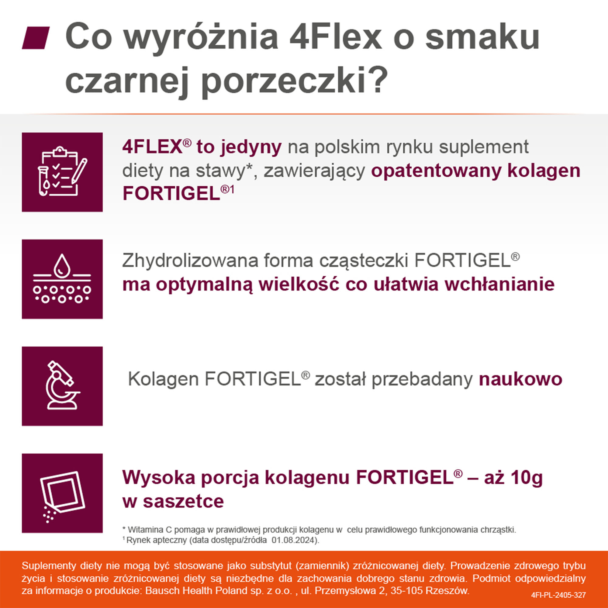 4 Flex kolagen nowej generacji z witaminą C o smaku czarnej porzeczki 30 saszetek