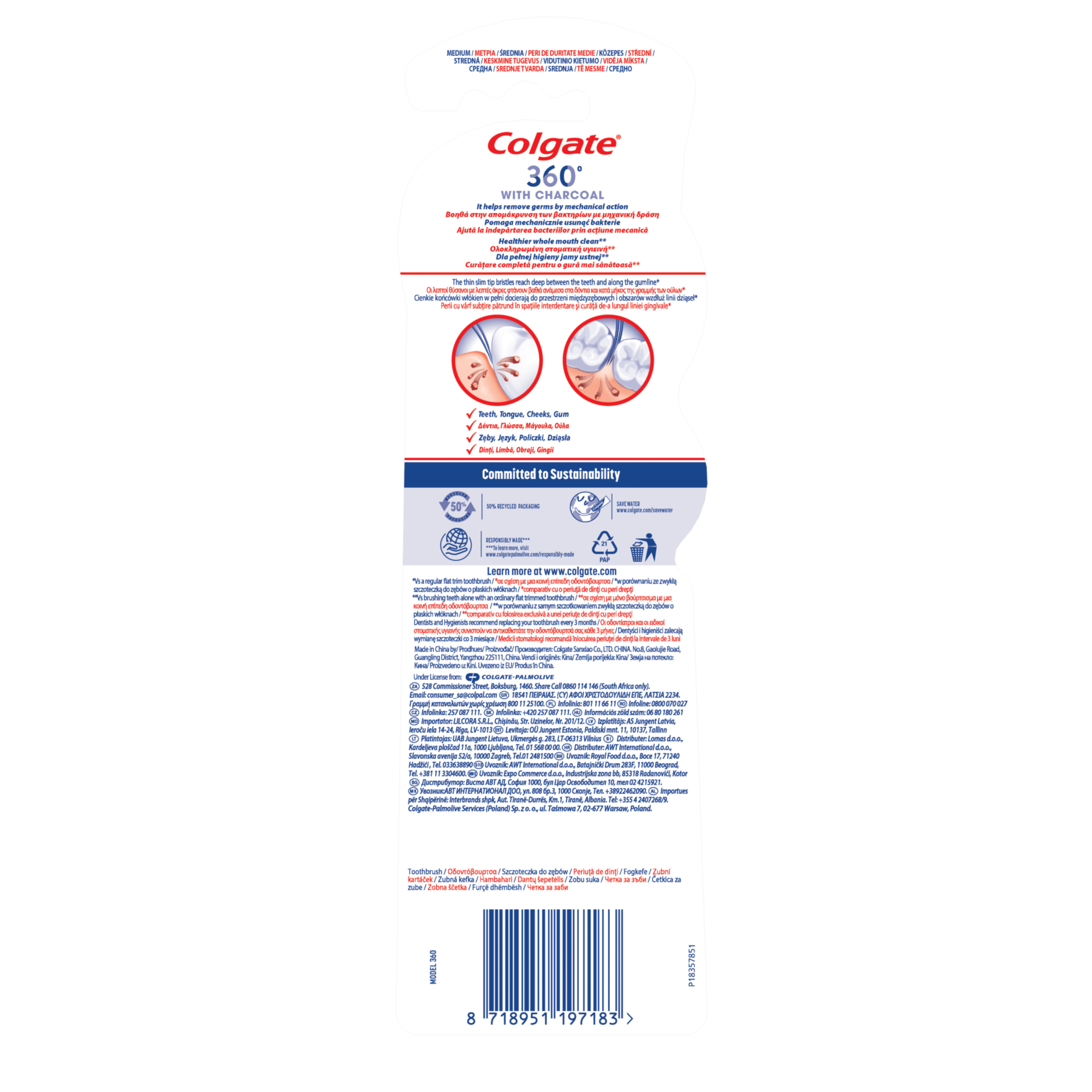 Colgate 360° Charcoal Medium Szczoteczka do zębów, 2 sztuki