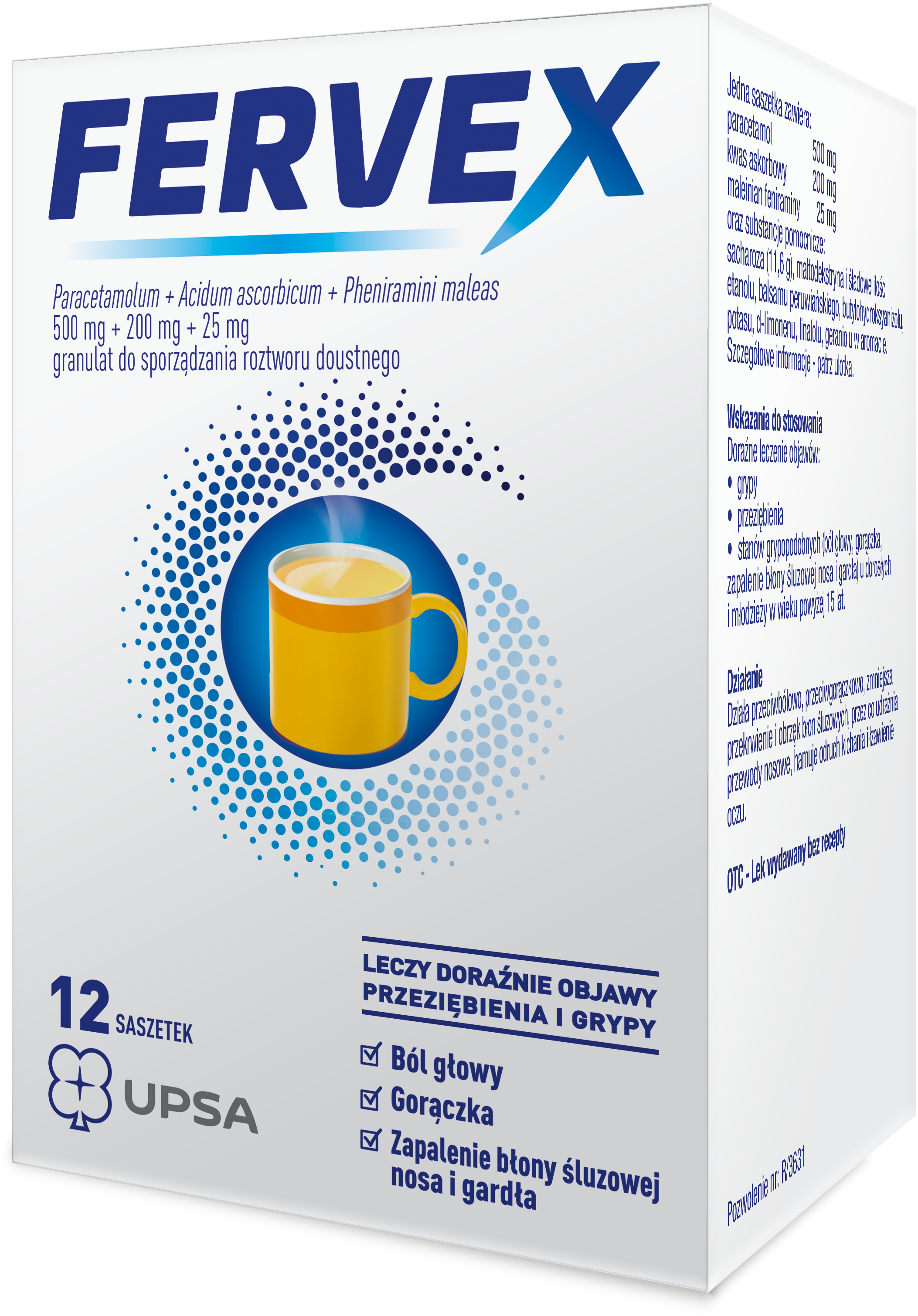 Fervex 500 mg + 25 mg + 200 mg lek na objawy przeziębienia i grypy smak cytrynowy 12 saszetek zdjęcie