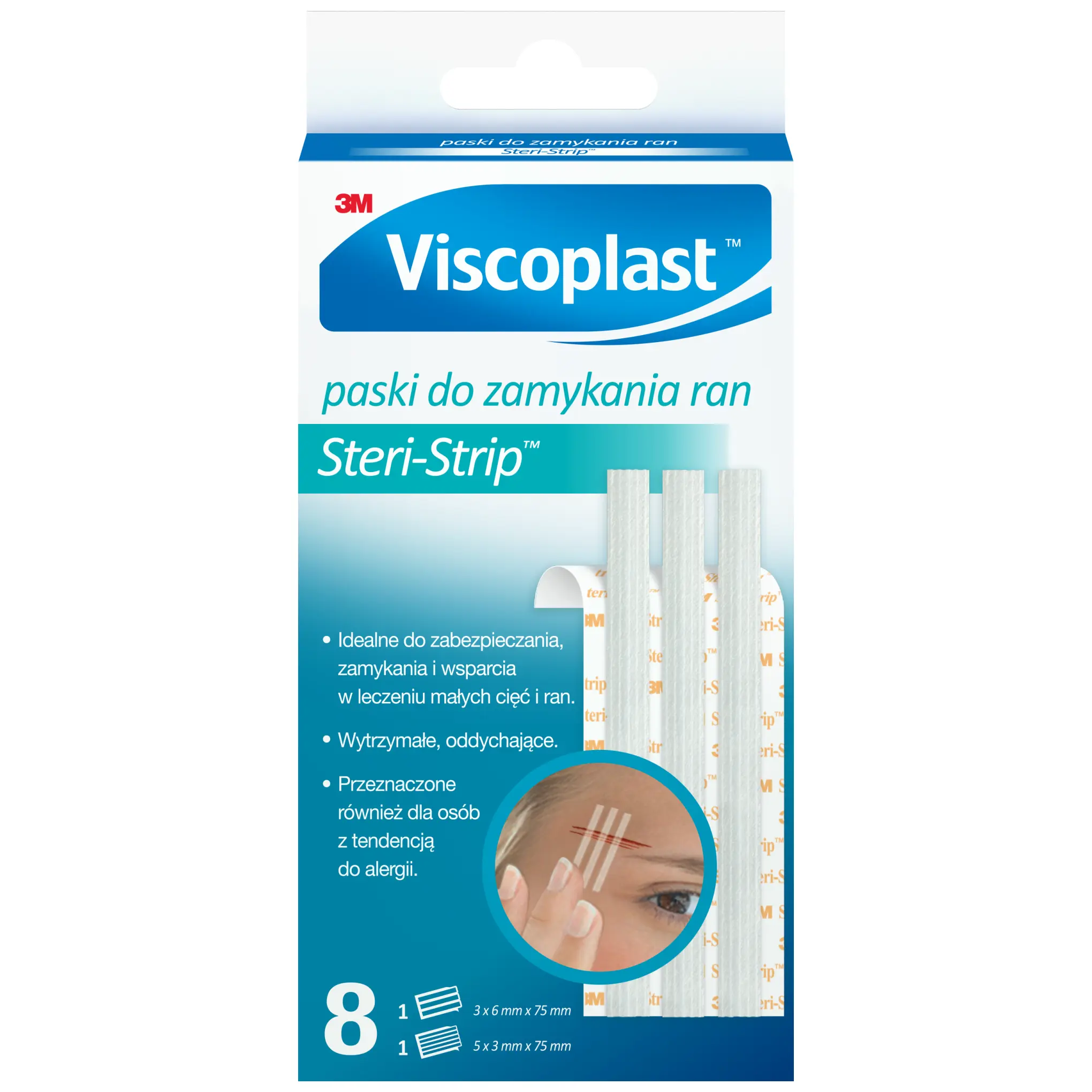 VISCOPLAST Paski do zamykania ran 5 x 3mm x 75mm, 3 x 6mm x 75mm białe - 8 szt. zdjęcie