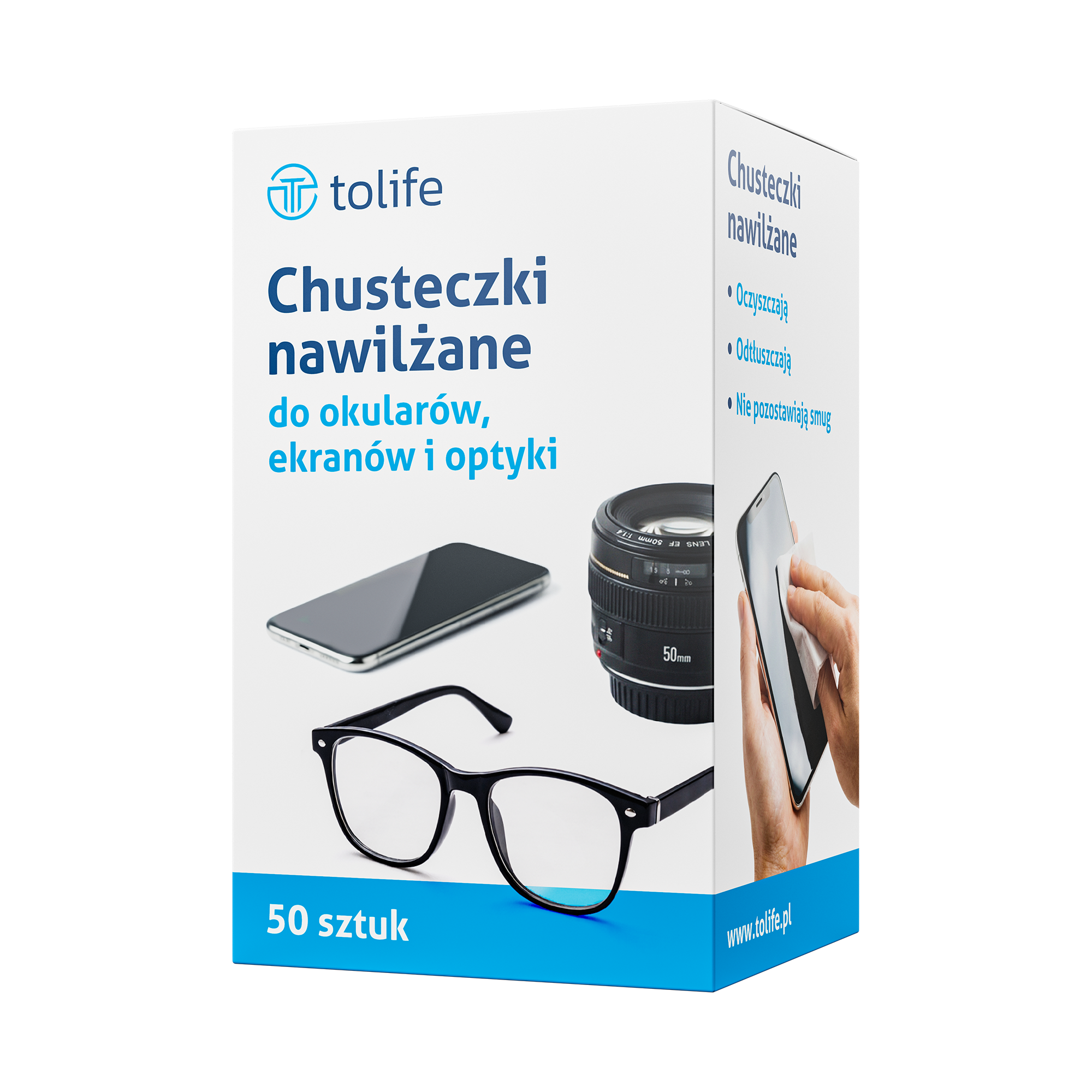 Chusteczki nawilżane do okularów, ekranów i optyki, 50 sztuk