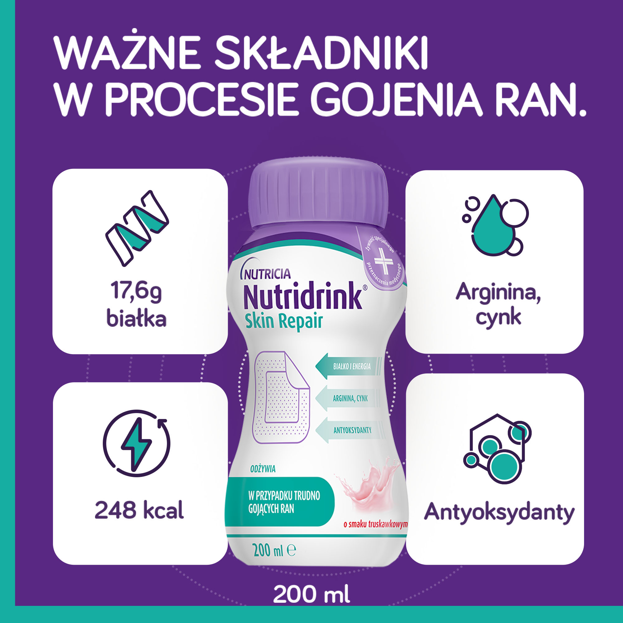 Nutridrink Skin Repair, o smaku truskawkowym, 4 x 200 ml