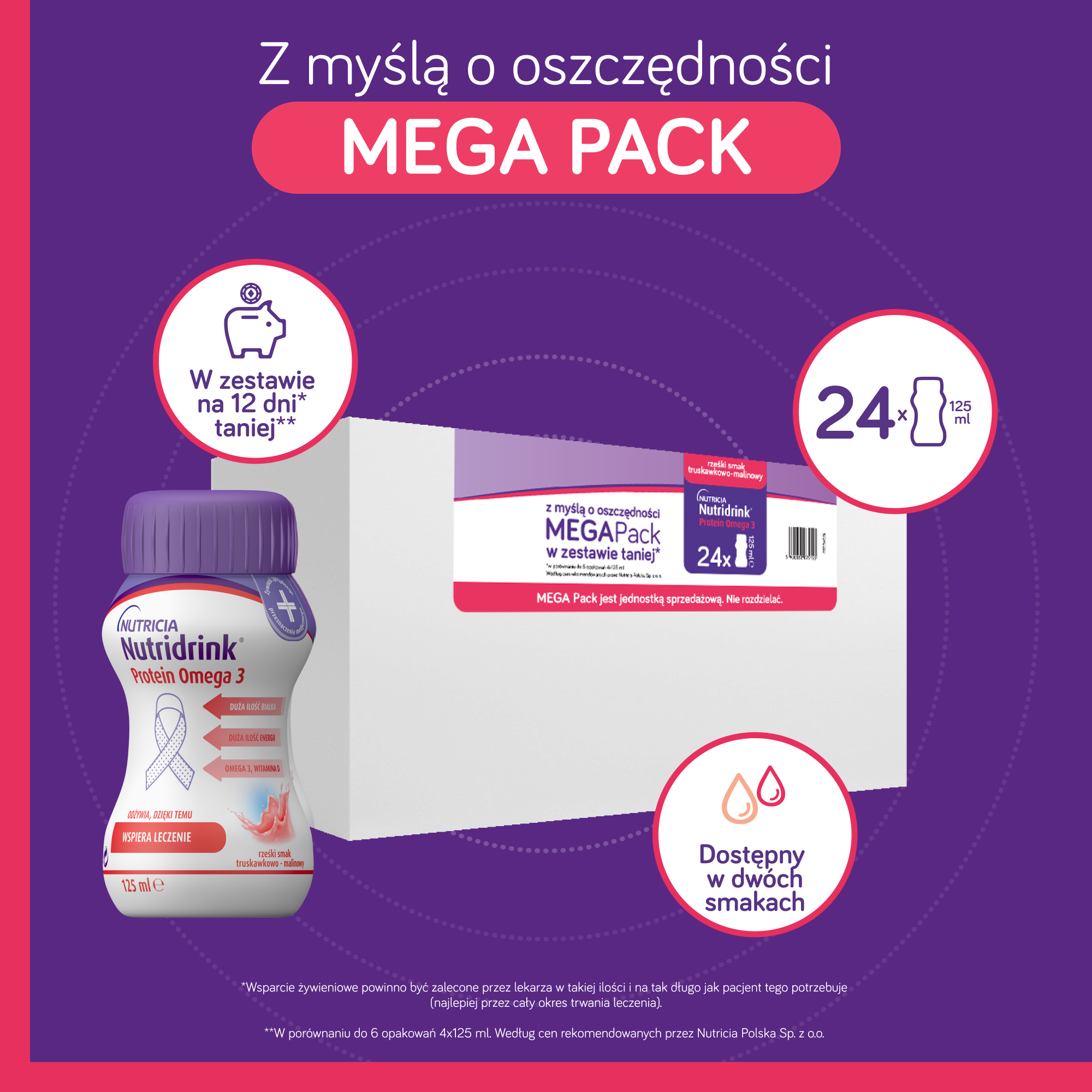 Nutridrink Protein Omega 3 o smaku truskawkowo-malinowym, 24 x 125 ml