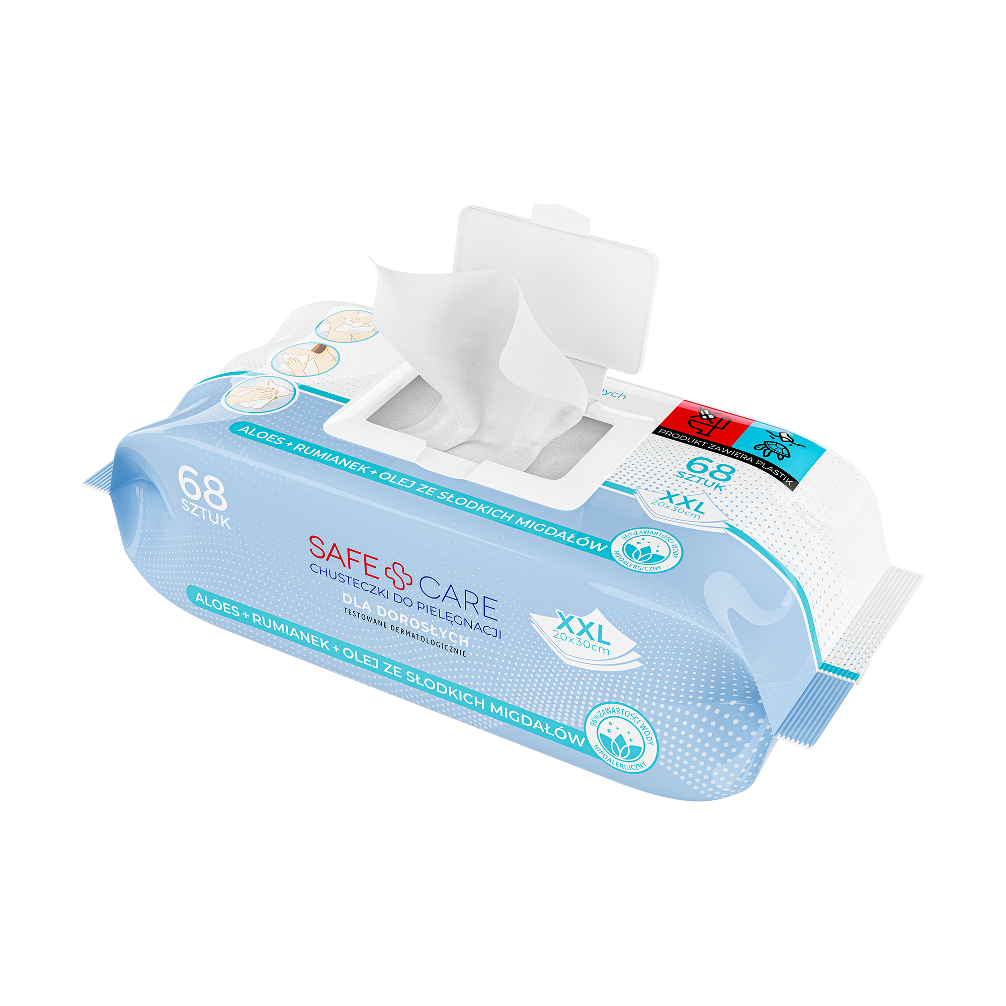 Safe&Care, chusteczki do pielęgnacji dla dorosłych XXL, 68 sztuk
