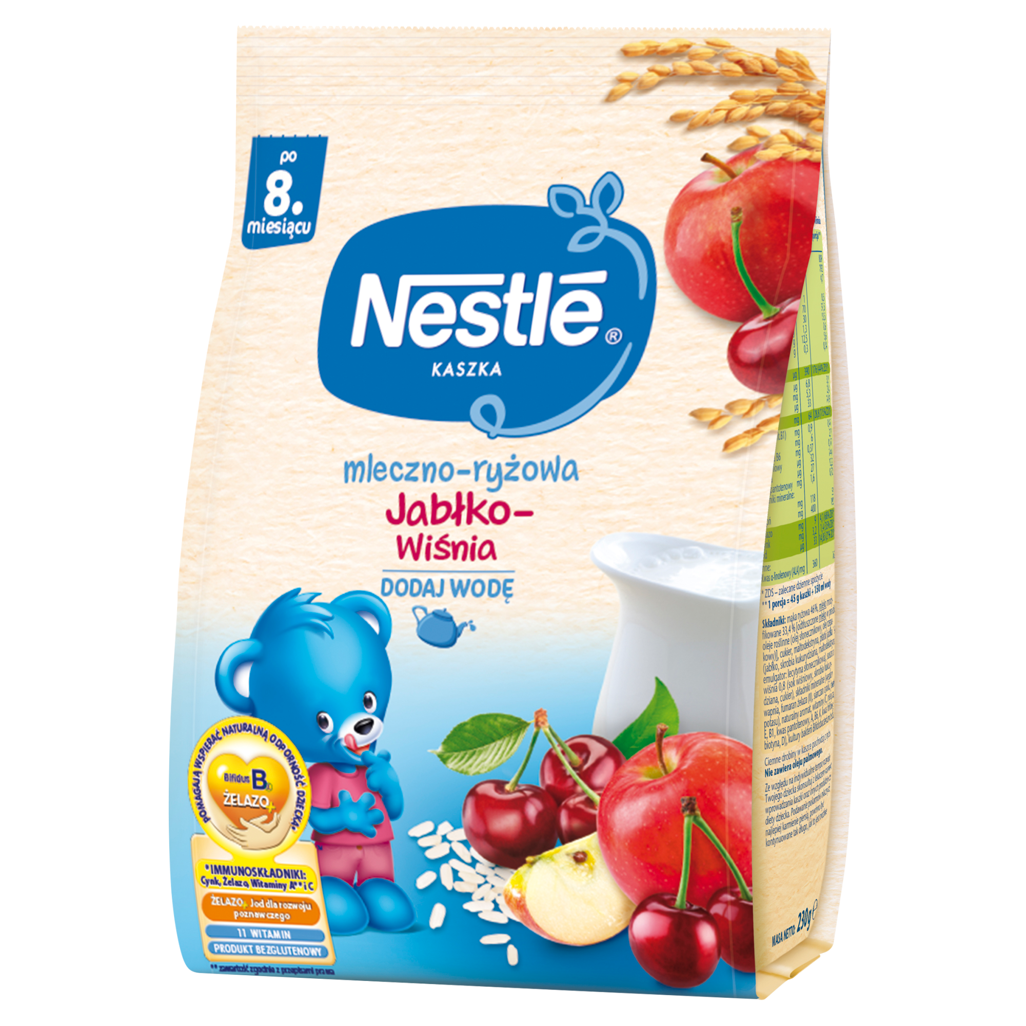 Nestle Kaszka mleczno-ryżowa Jabłko-wiśnia po 8. miesiącu - 230 g - cena, opinie, wskazania zdjęcie