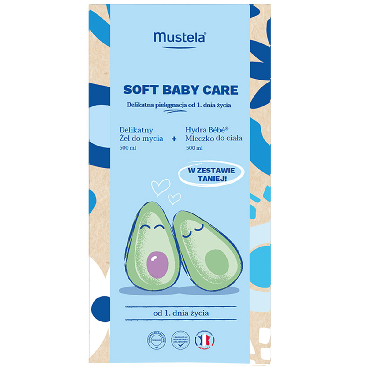 Mustela Soft Baby Care Delikatna pielęgnacja delikatny żel do mycia 500 ml + Hydra Bébé mleczko do ciała 500 ml [ZESTAW] zdjęcie