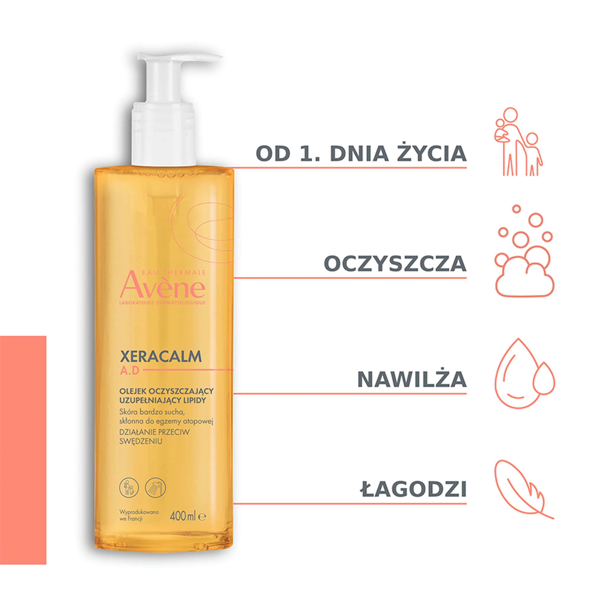 Avene XeraCalm A.D Olejek oczyszczający uzupełniający lipidy, skórka sucha i atopowa, 400 ml
