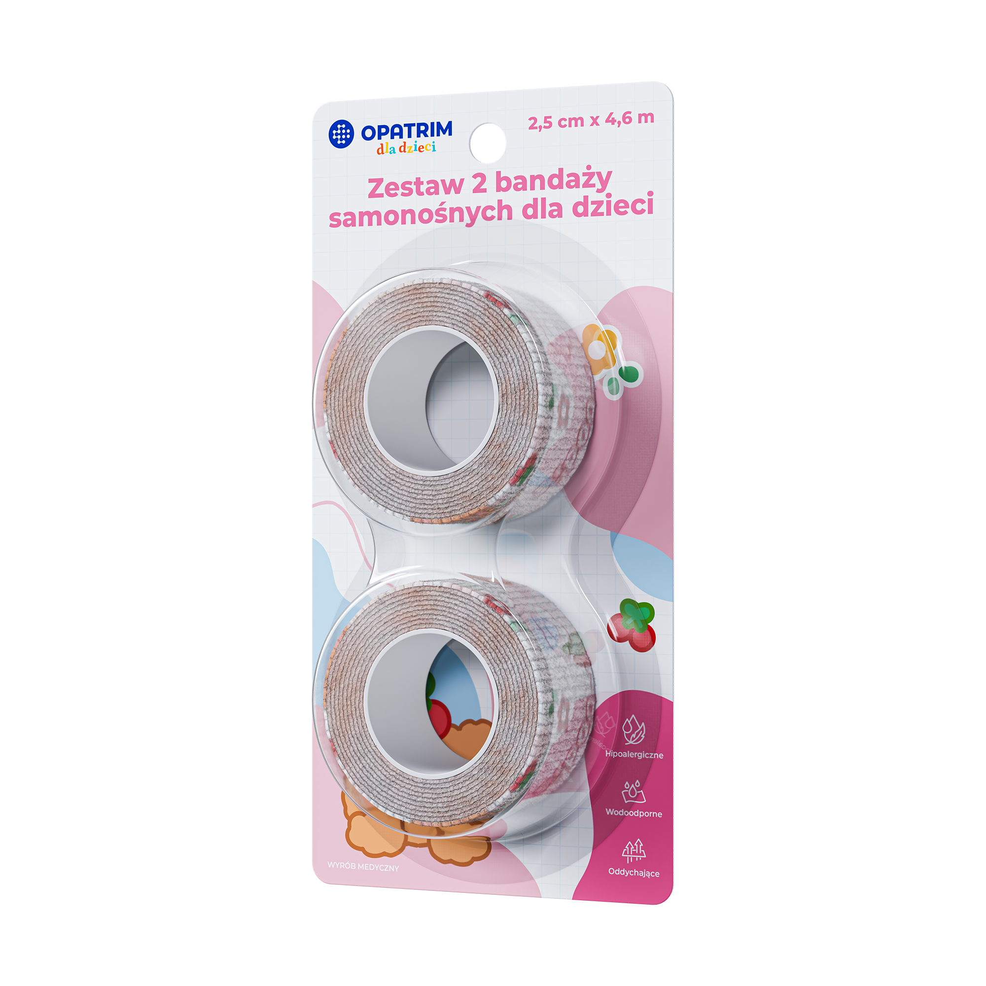 Zestaw 2 bandaży samonośnych dla dzieci 2,5 cm x 4,5 m, kolor różowy