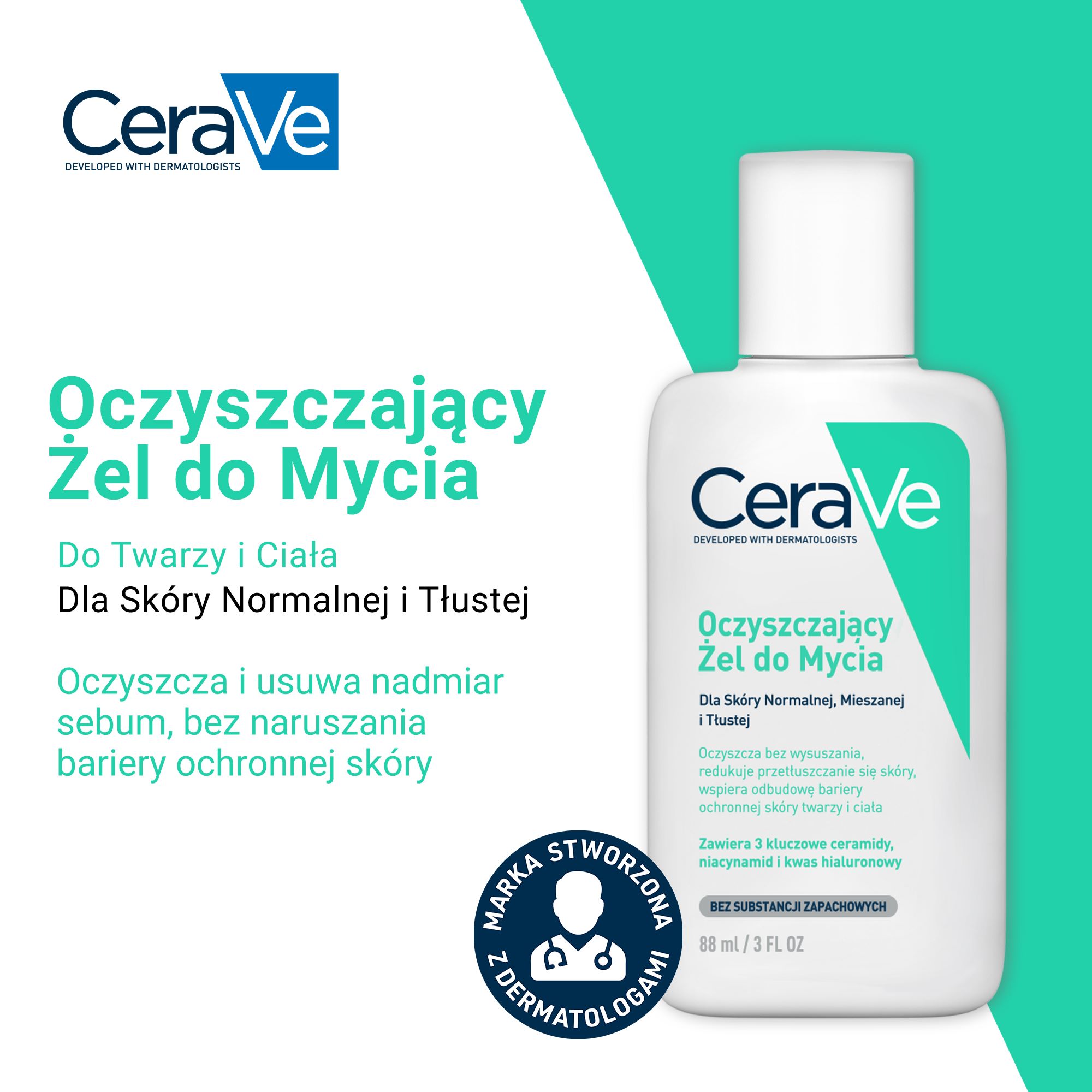 Cerave, Oczyszczający, żel do mycia z ceramidami dla skóry normalnej, mieszanej i tłustej, 88 ml