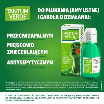 Tantum Verde płyn 1,5 mg/ml, na stany zapalne jamy ustnej i ból gardła, roztwór do płukania jamy ustnej i gardła, 240 ml