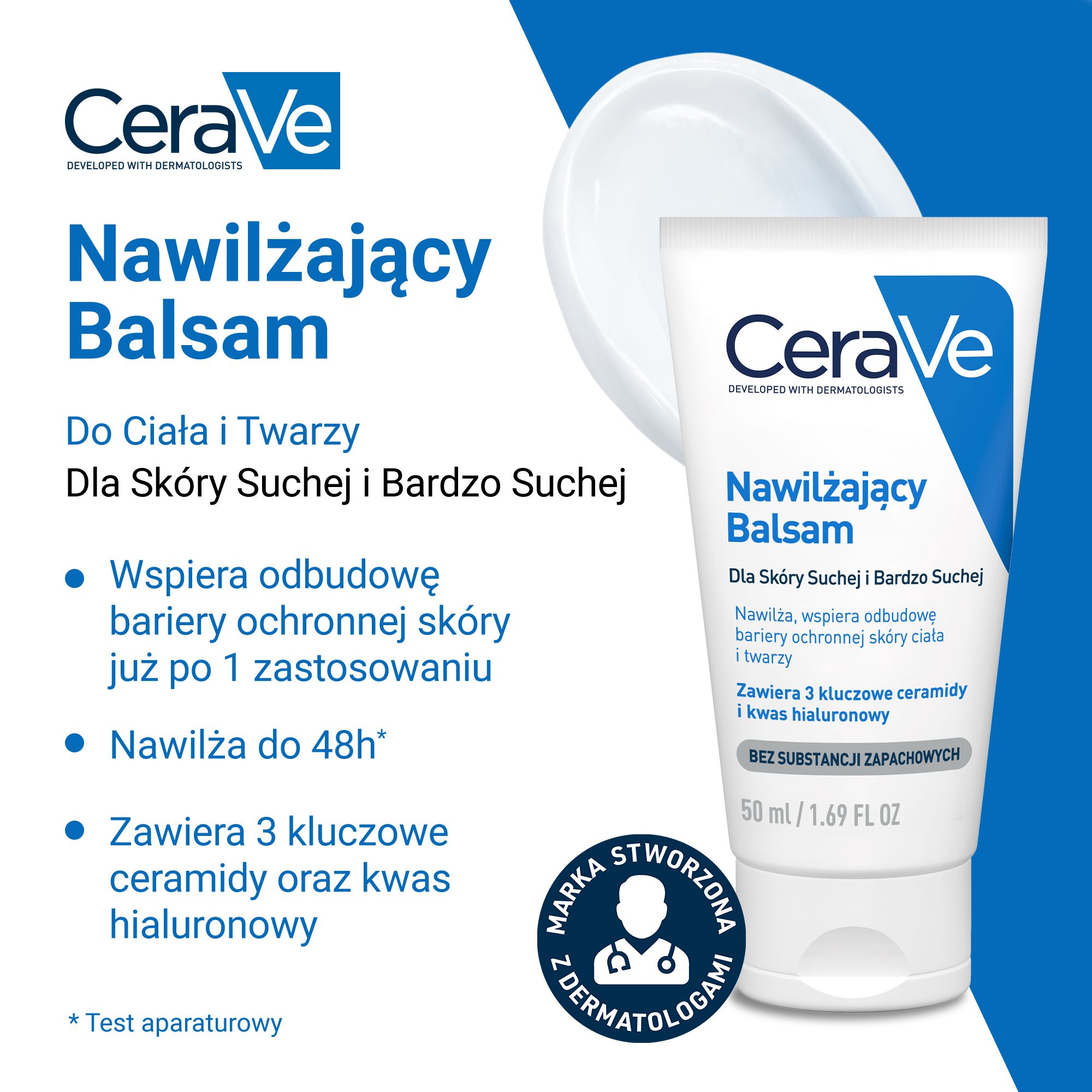 Cerave, nawilżający balsam do twarzy i ciała z ceramidami do skóry suchej i bardzo suchej, 50 ml