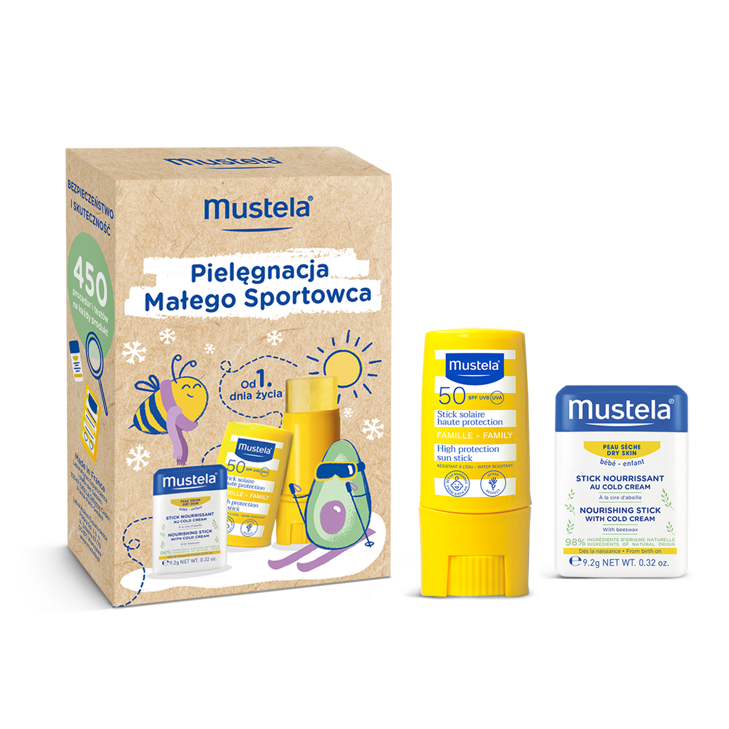 Mustela Pielęgnacja małego sportowca sztyft ochronny z Cold Cream 9,2 g + sztyft przeciwsłoneczny SPF50 9 ml [ZESTAW] zdjęcie