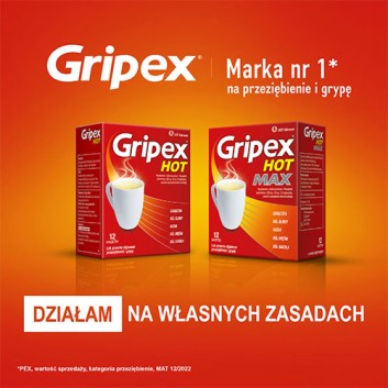 Gripex Hot Max 1000 mg + 100 mg + 12,2 mg 12 saszetek. Na przeziębienie i grypę. Wyszukaj na stronie wapteka.pl