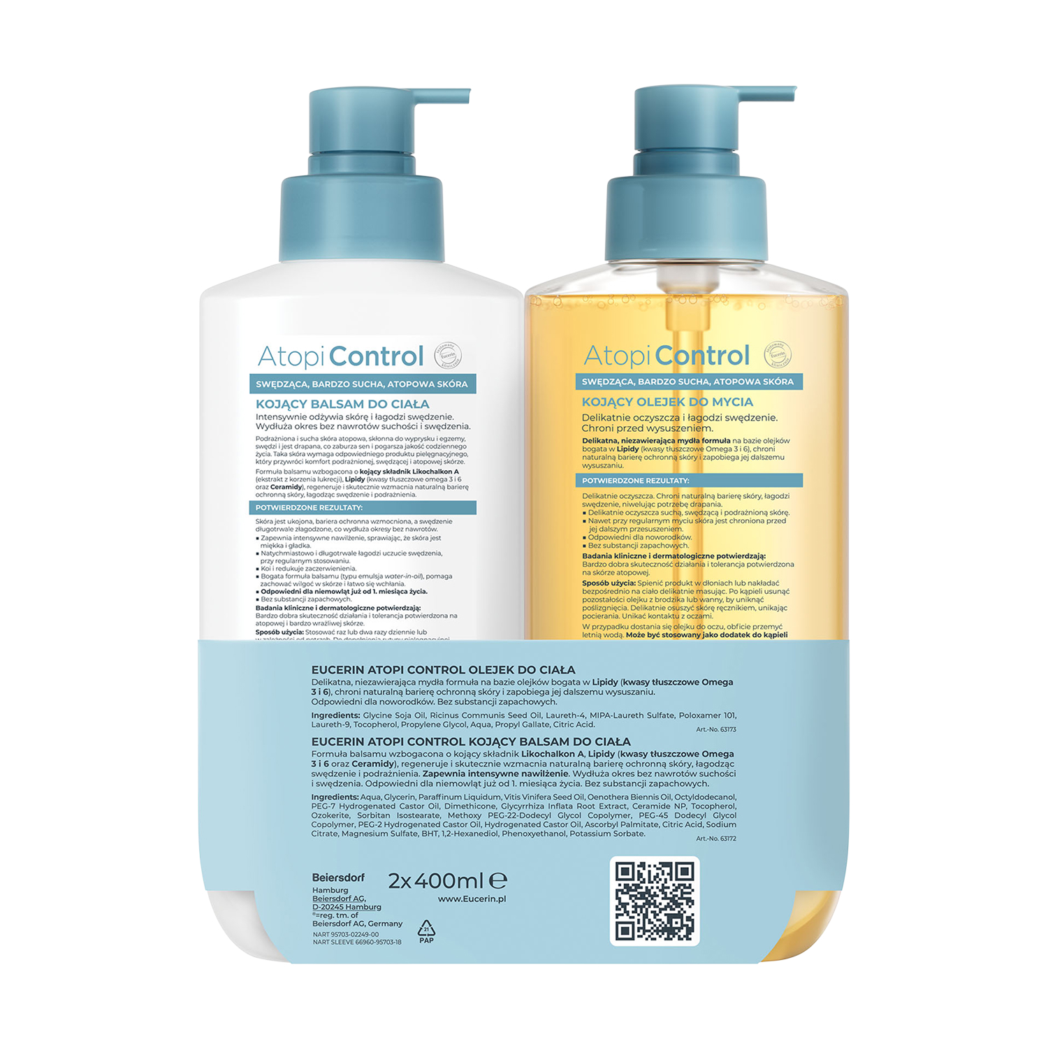 Eucerin AtopiControl Kojący olejek do mycia + Kojący balsam do ciała, 2 x 400 ml 