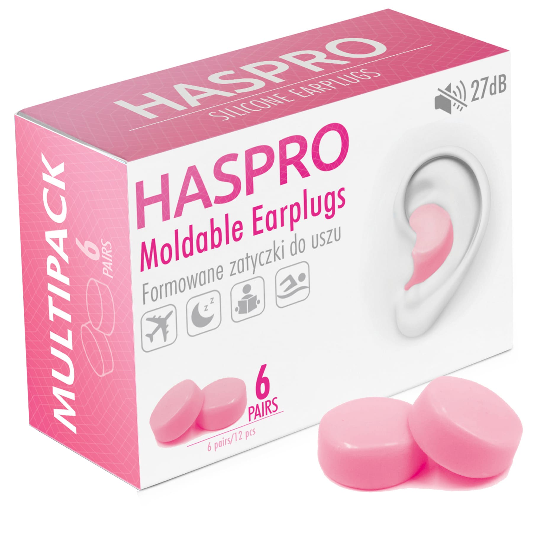 Zatyczki do uszu formowane wielorazowe Haspro Moldable EarPlugs różowe 6 par zdjęcie