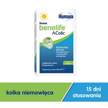 Humana Benelife AColic, wsparcie w kolce, krople dla niemowląt, 30 ml, cena, wskazania, stosowanie