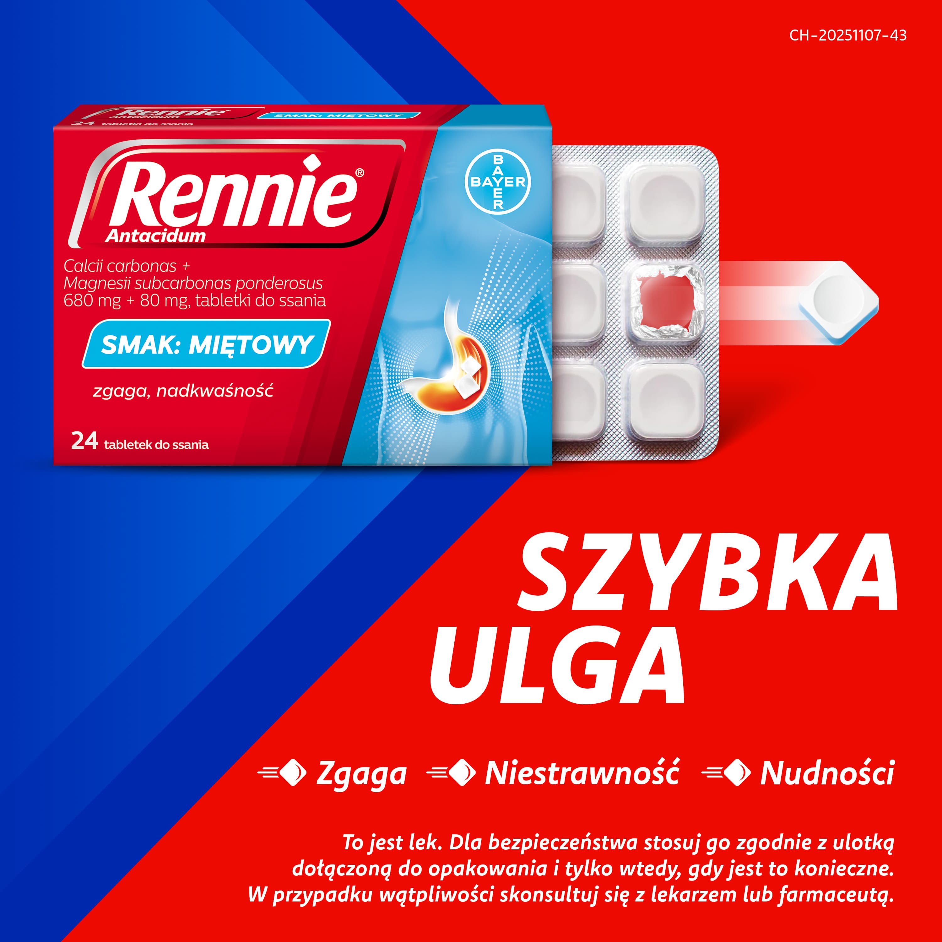 Rennie Antacidum, tabletki do ssania, smak miętowy, 24 sztuk