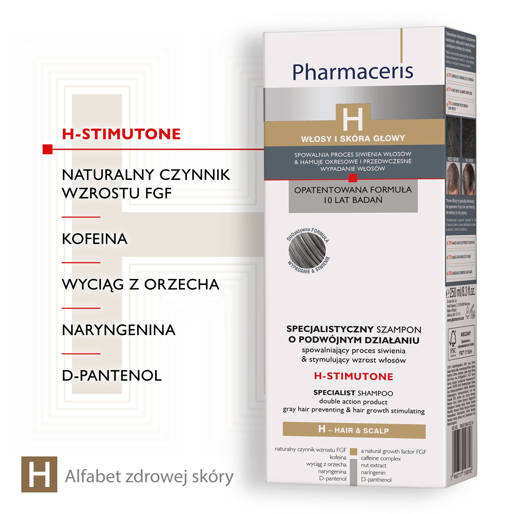 PHARMACERIS H STIMUTONE, szampon o podwójnym działaniu stymulacja wzrostu włosów i przeciw siwieniu, 250 ml