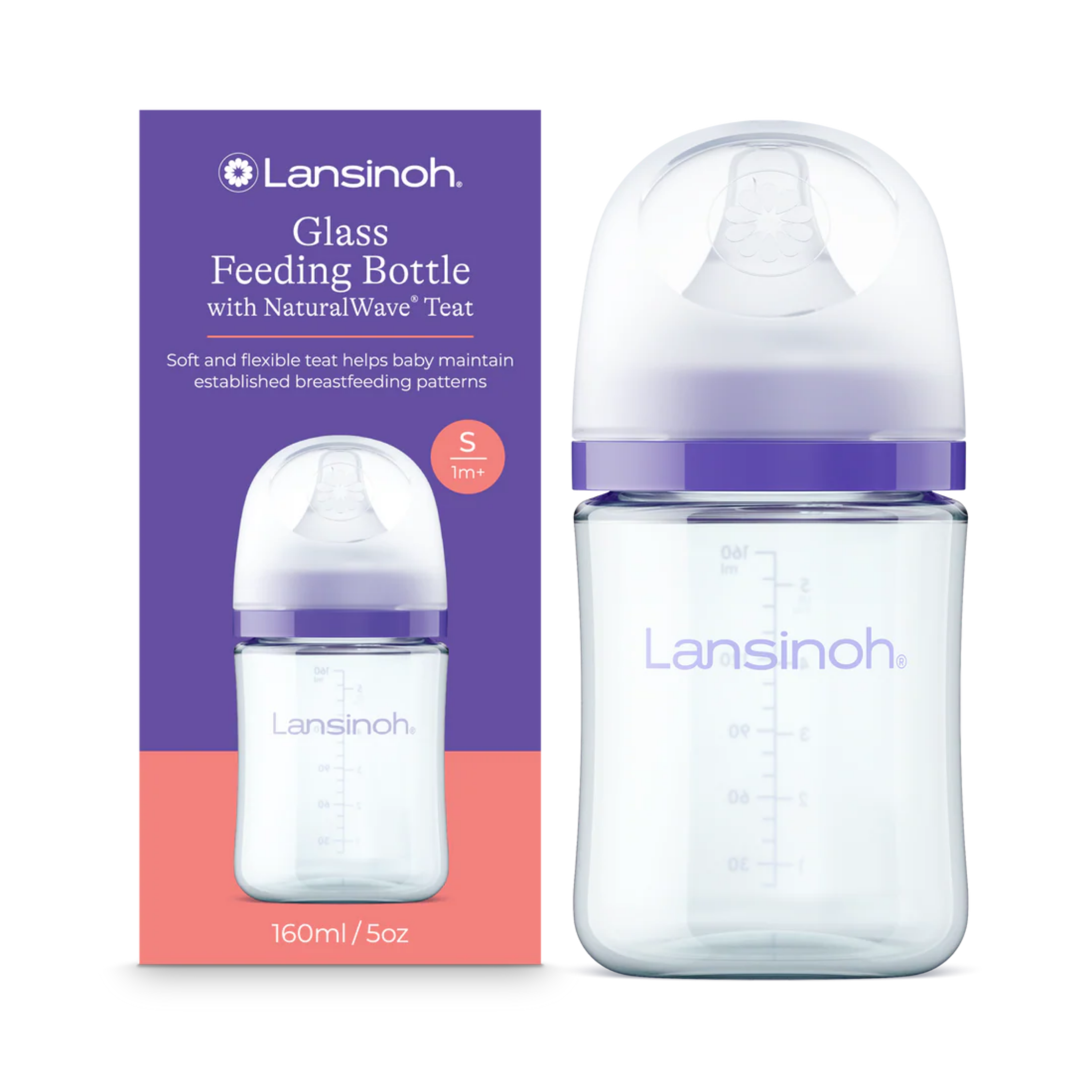 Lansinoh Butelka szklana ze smoczkiem NaturalWave o wolnym przepływie, 160 ml