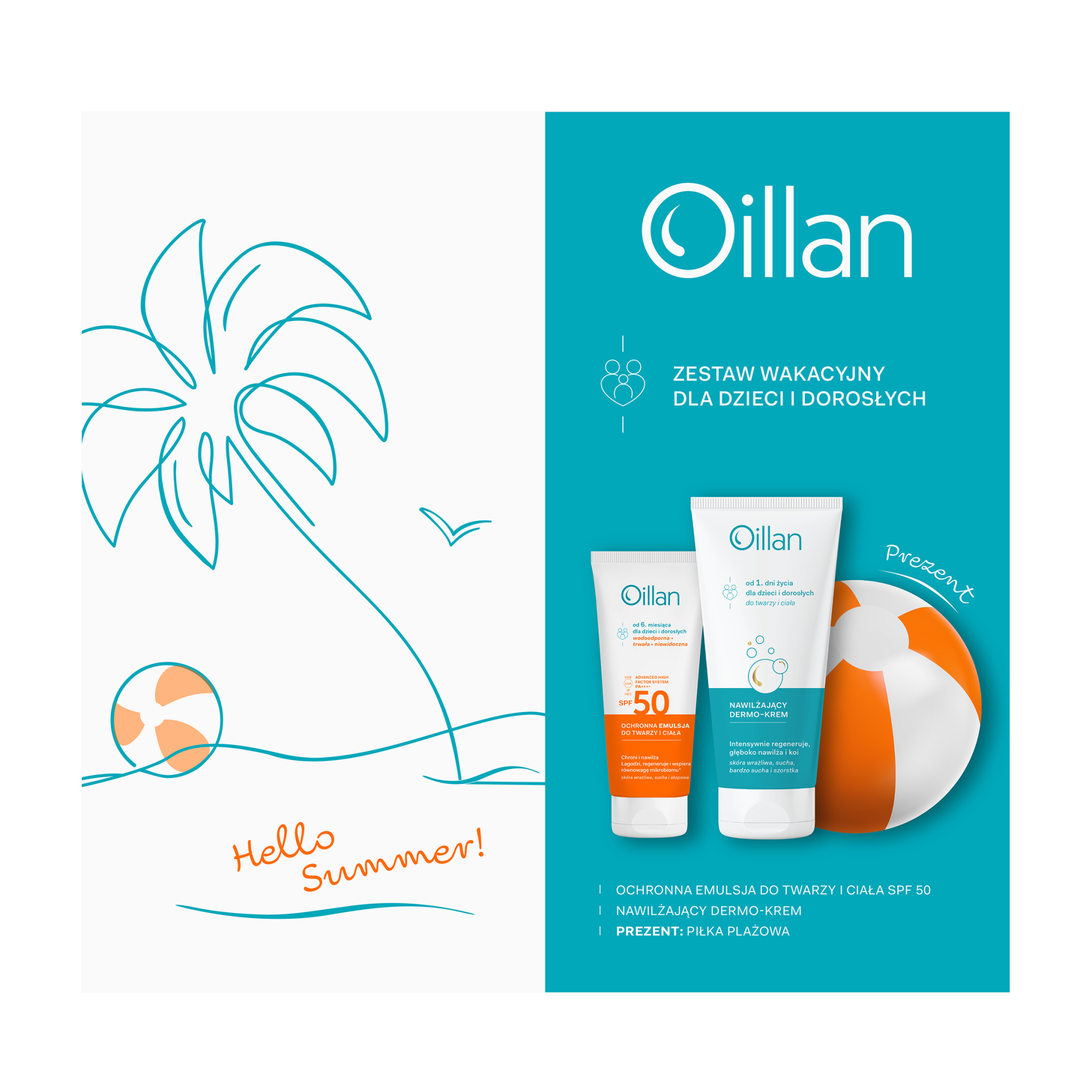 Oillan Zestaw wakacyjny, Ochronna emulsja do twarzy i ciała z filtrem SPF50, 100 ml + Dermo-krem, 200 ml zdjęcie