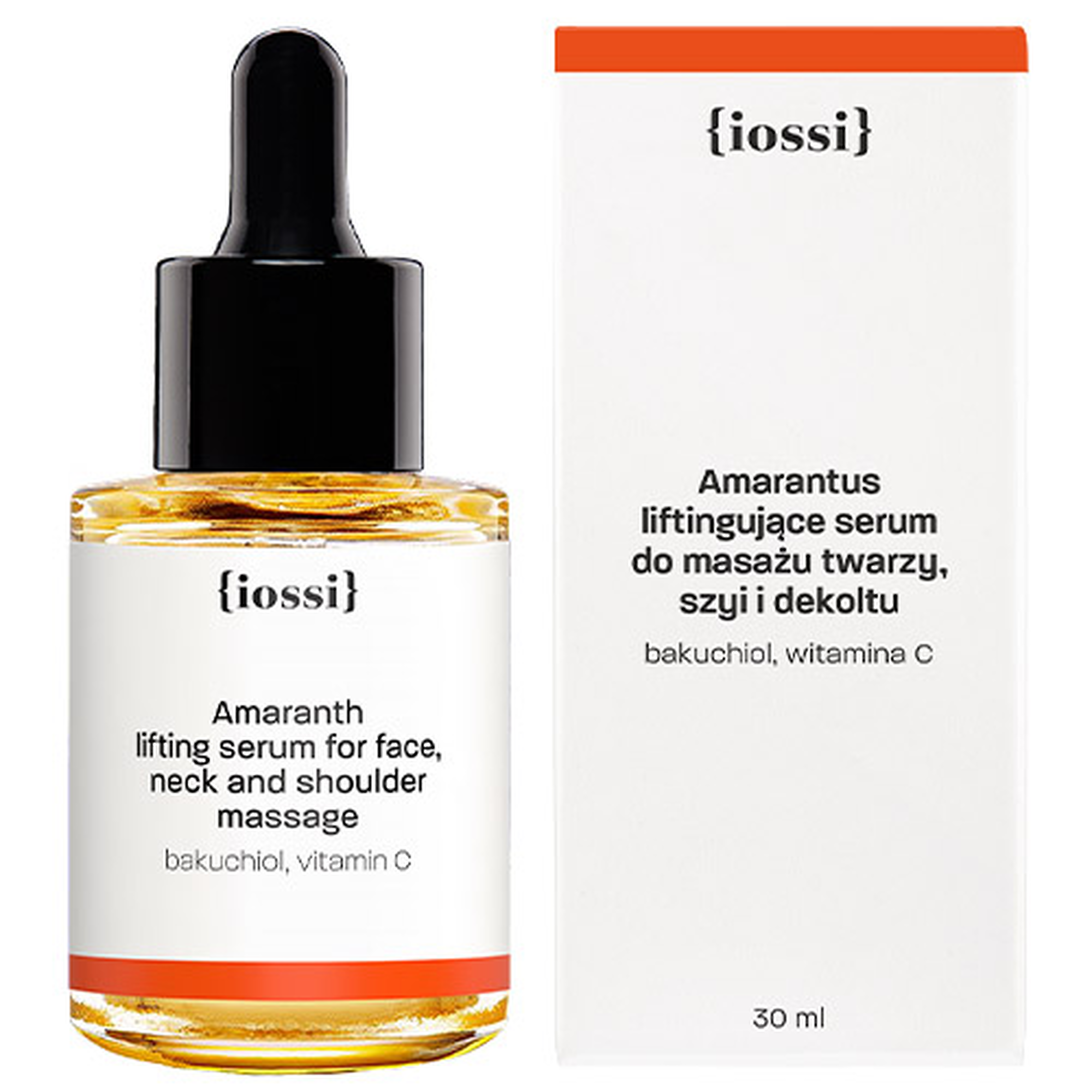 IOSSI Amarantus, Serum Liftingujące do masażu twarzy, szyi i dekoltu z bakuchiolem, witaminą C, 30 ml