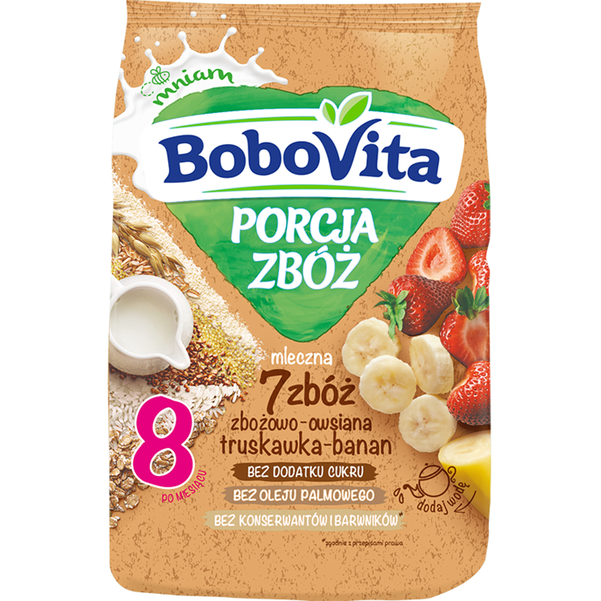 BOBOVITA PORCJA ZBÓŻ Kaszka mleczna zbożowo - owsiana 7 zbóż, truskawka - banan, po 8 miesiącu - 210 g - cena, stosowanie, opinie    zdjęcie
