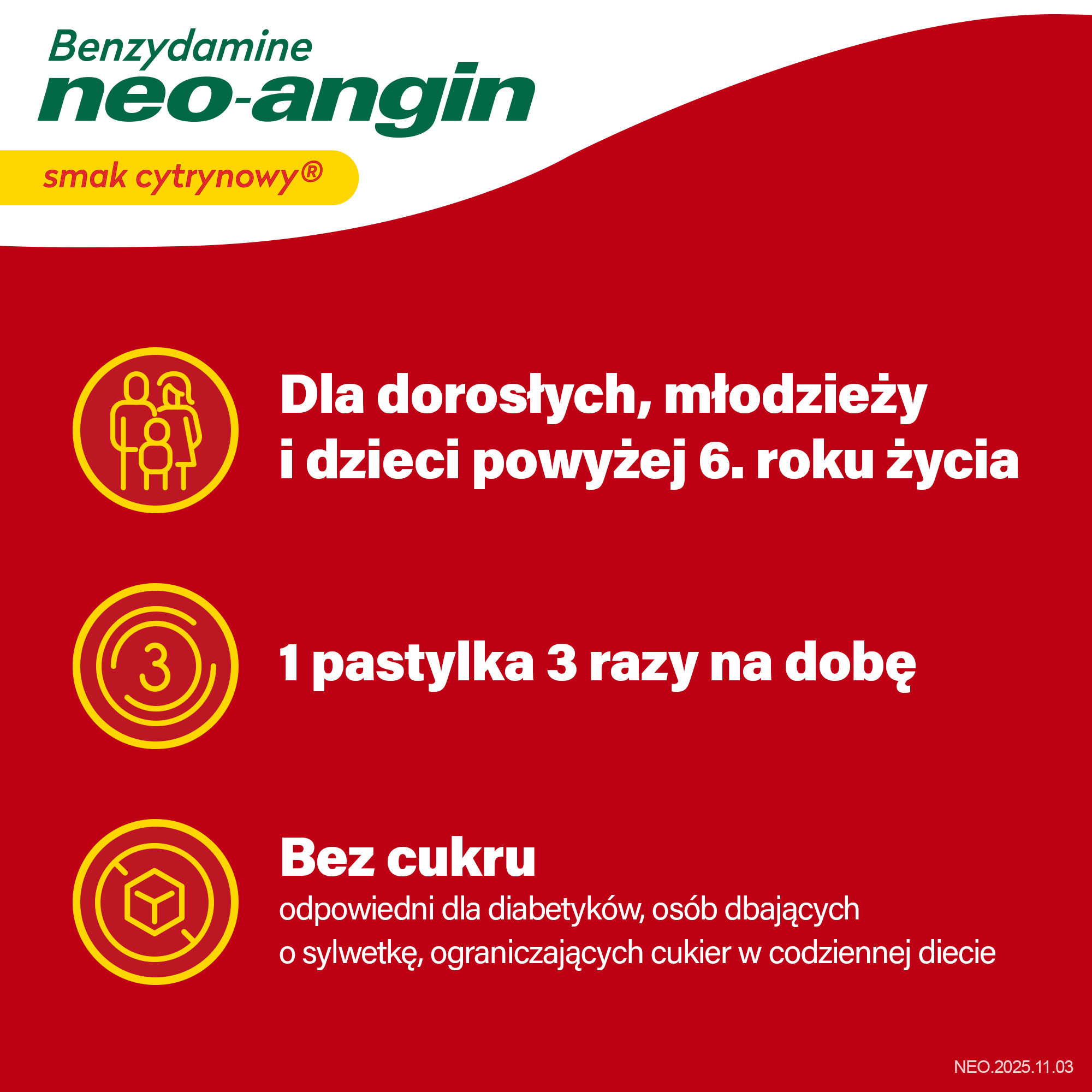 Benzydamine Neo-Angin 3 mg, smak cytrynowy, pastylki twarde, 20 sztuk