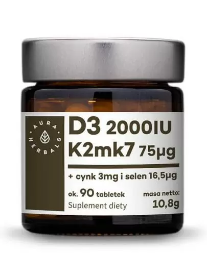 Aura Herbals Witamina D3 (2000IU) + K2mk7 + Cynk + Selen 90tabletek (10,8g) zdjęcie