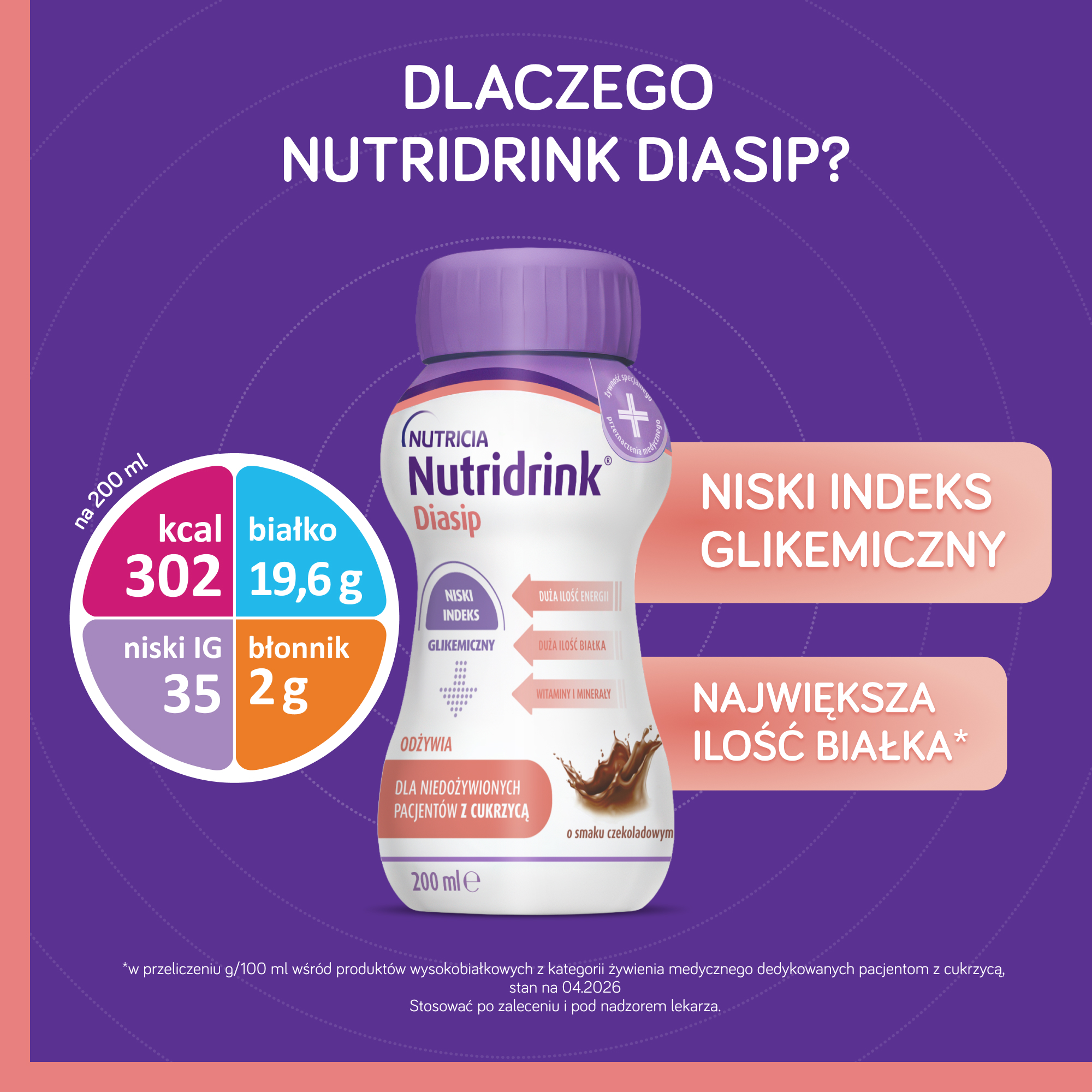 Nutridrink Diasip o smaku czekoladowym, płyn, 4 x 200 ml