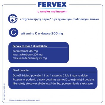 Fervex 500 mg + 25 mg + 200 mg lek na objawy przeziębienia i grypy smak malinowy 12 saszetek