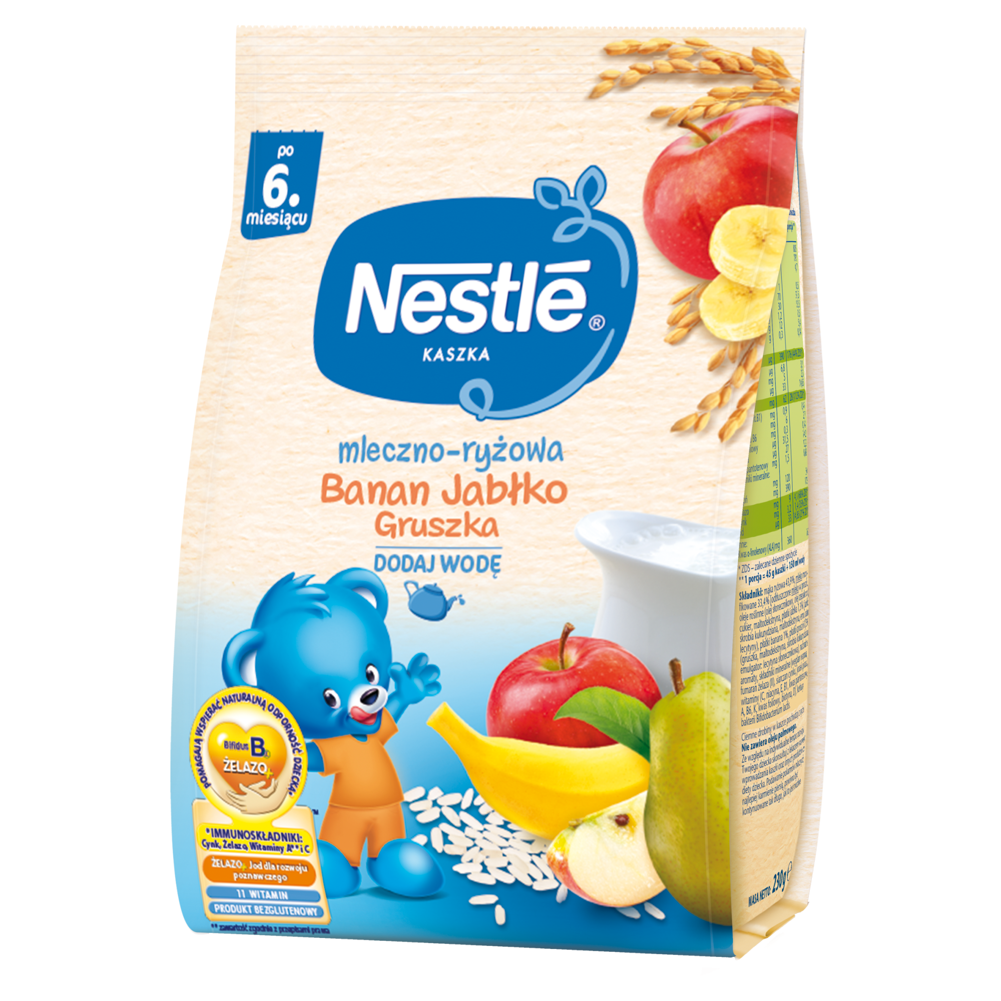 Nestle Kaszka mleczno-ryżowa banan jabłko gruszka po 6. miesiącu - 230 g - cena, opinie, właściwości zdjęcie