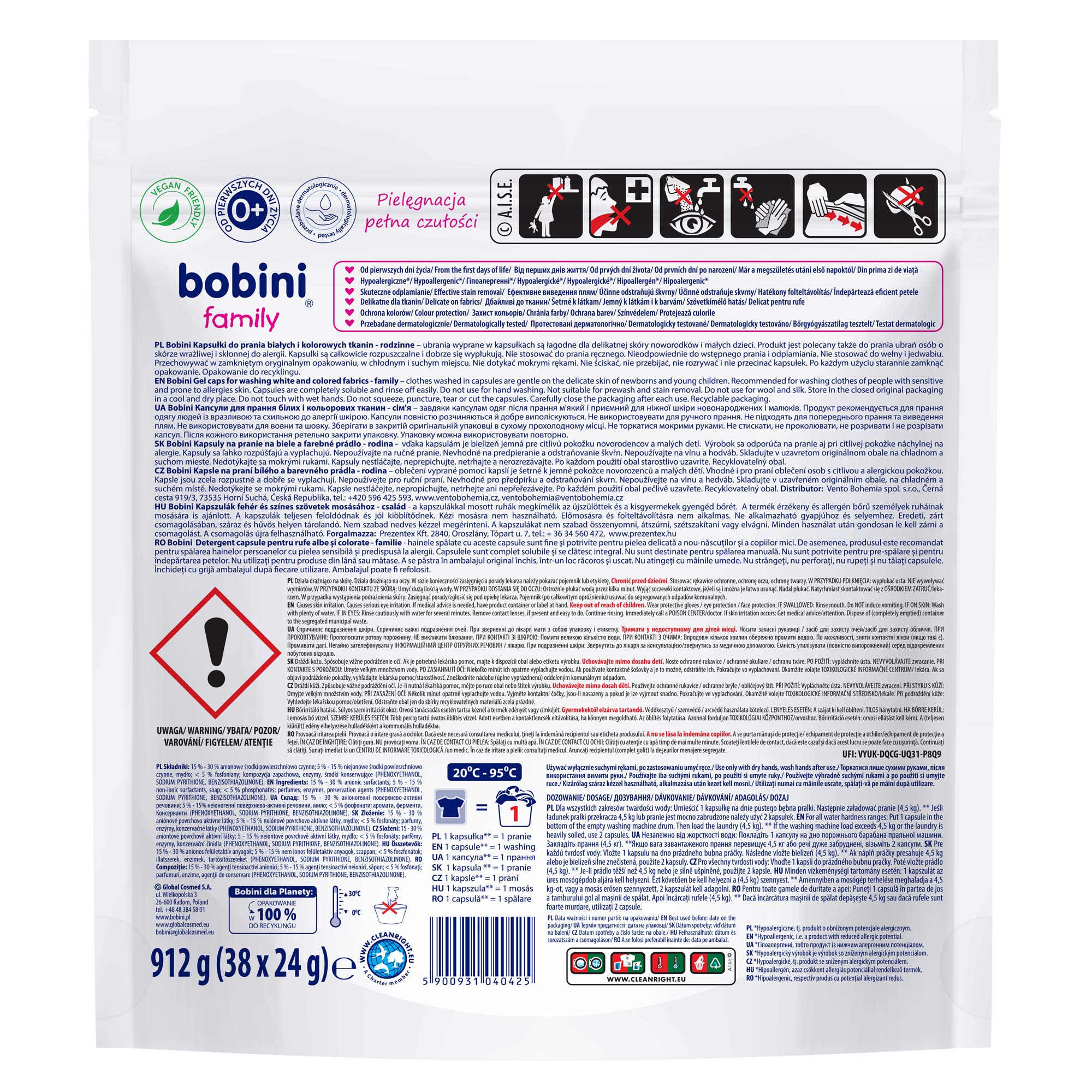 Bobini Family kapsułki do prania bieli i kolorów, 38 sztuk