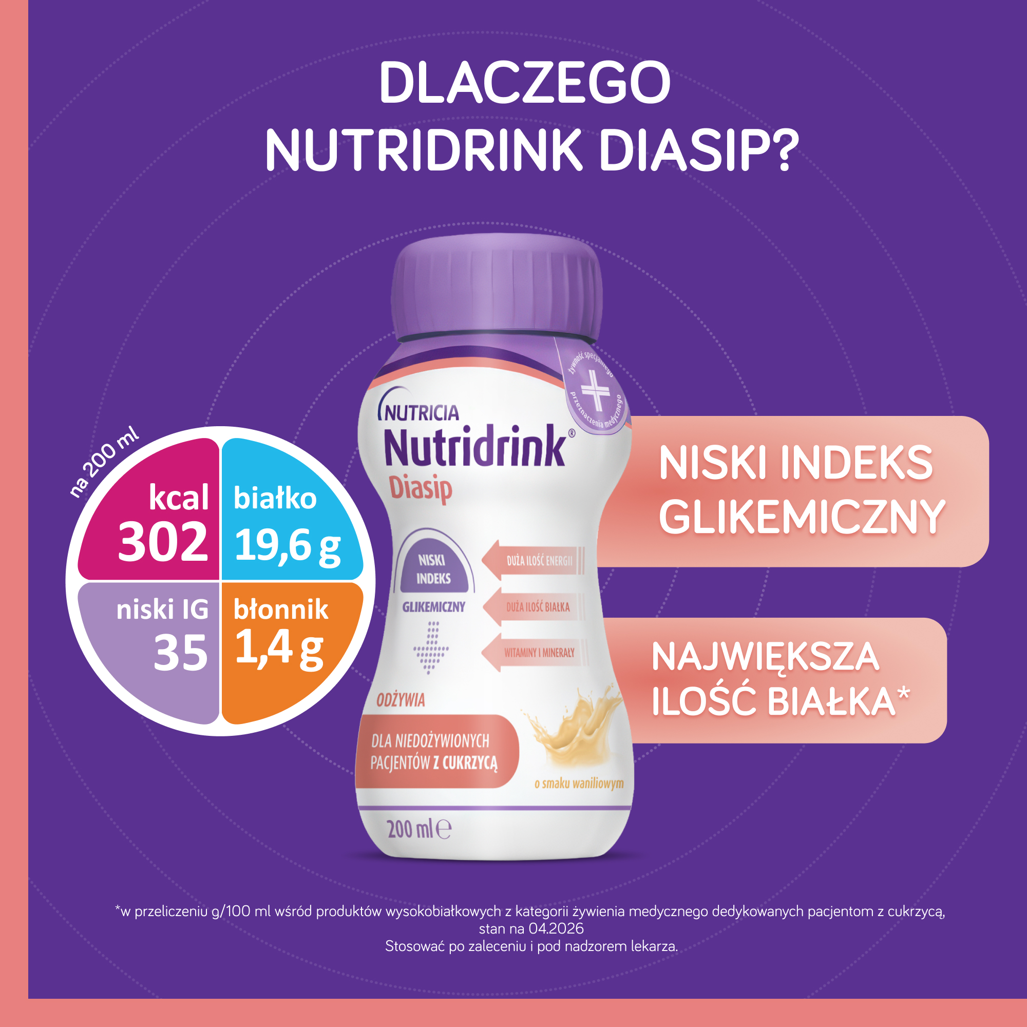 Nutridrink Diasip o smaku waniliowym, płyn, 4 x 200 ml