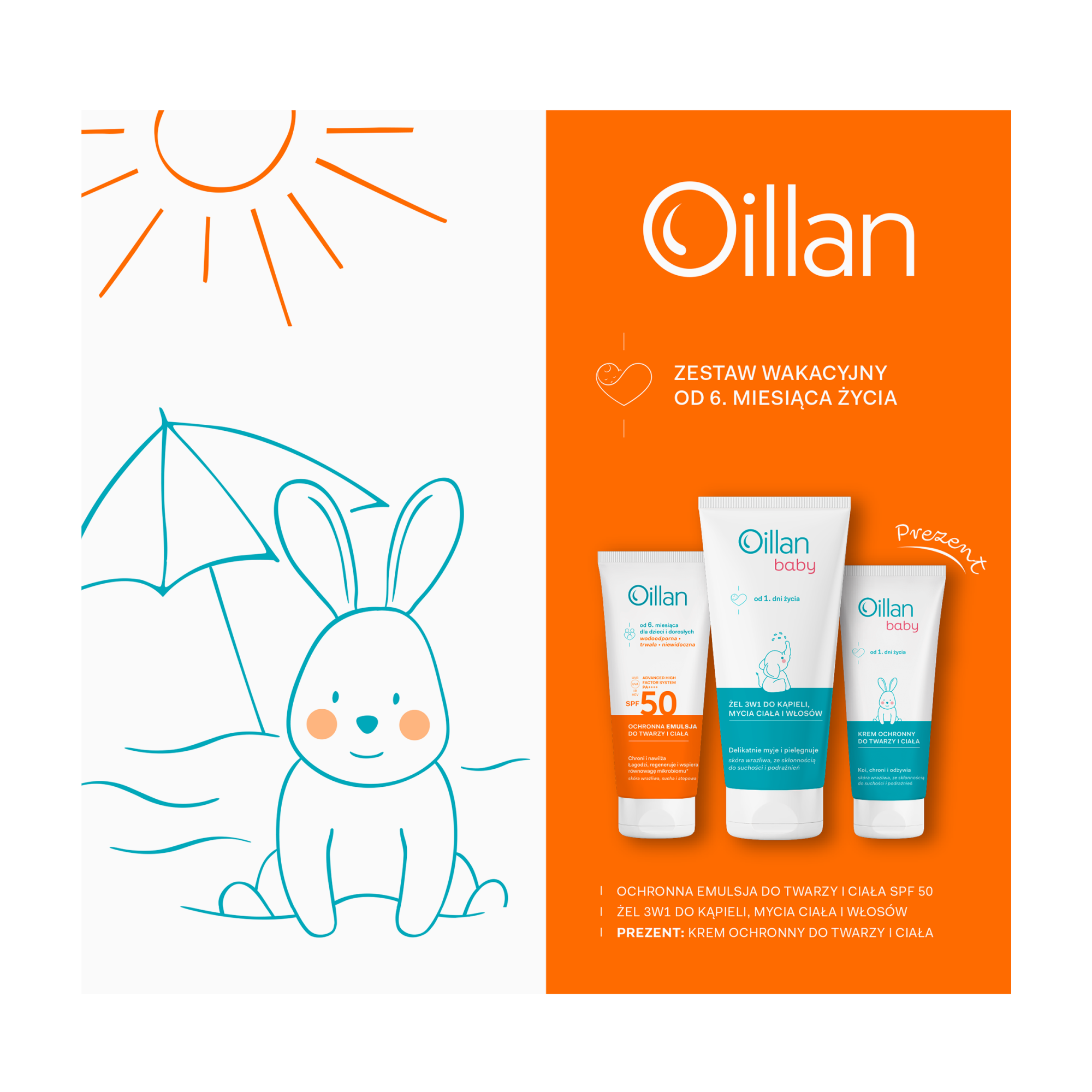 Oillan Zestaw Wakacyjny Maluszka, Ochronna emulsja z filtrem SPF50, 100 ml + Żel 3w1 do mycia, 200 ml + Krem, 75 ml zdjęcie