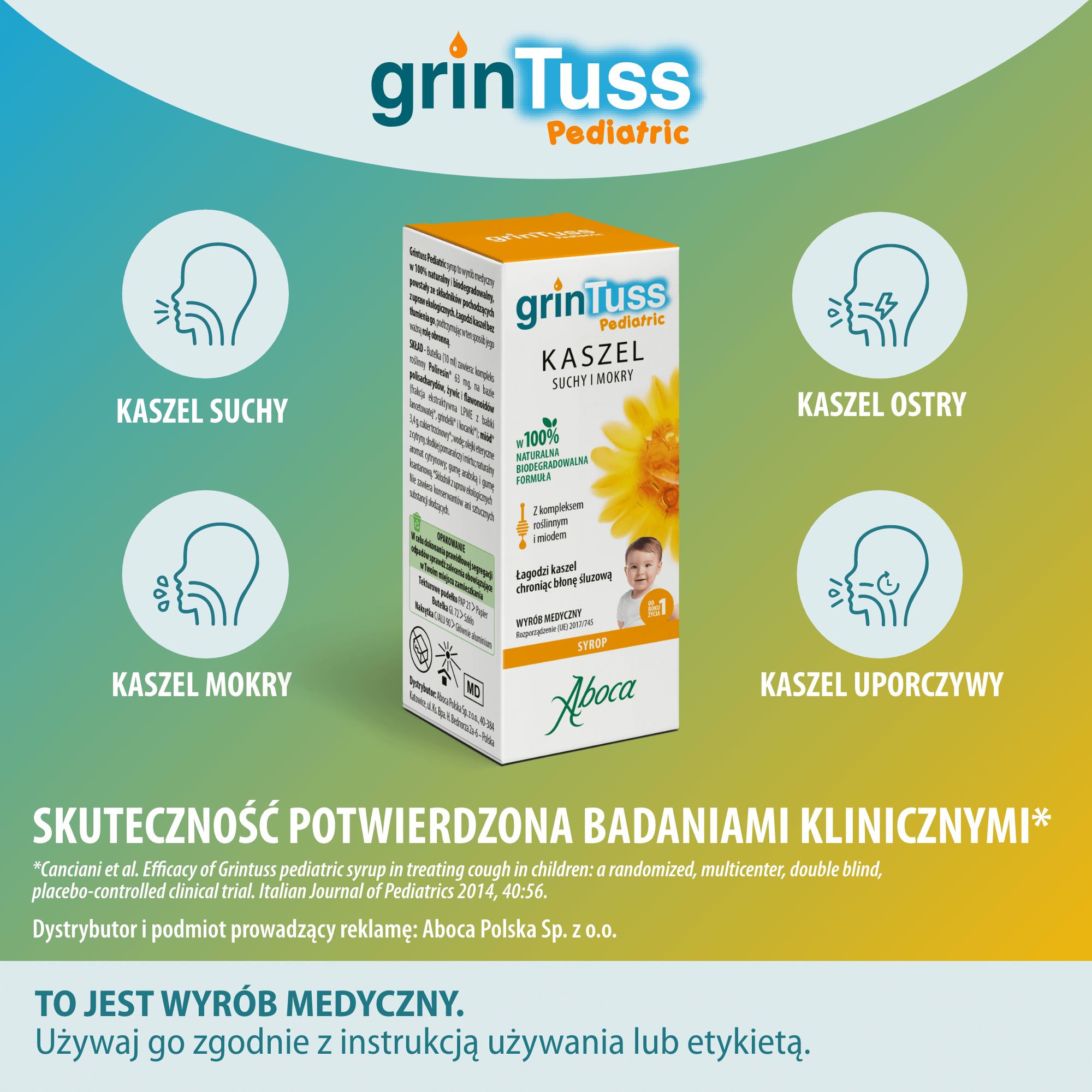 Aboca, grinTuss Pediatric, kaszel suchy i mokry, syrop, 180 g