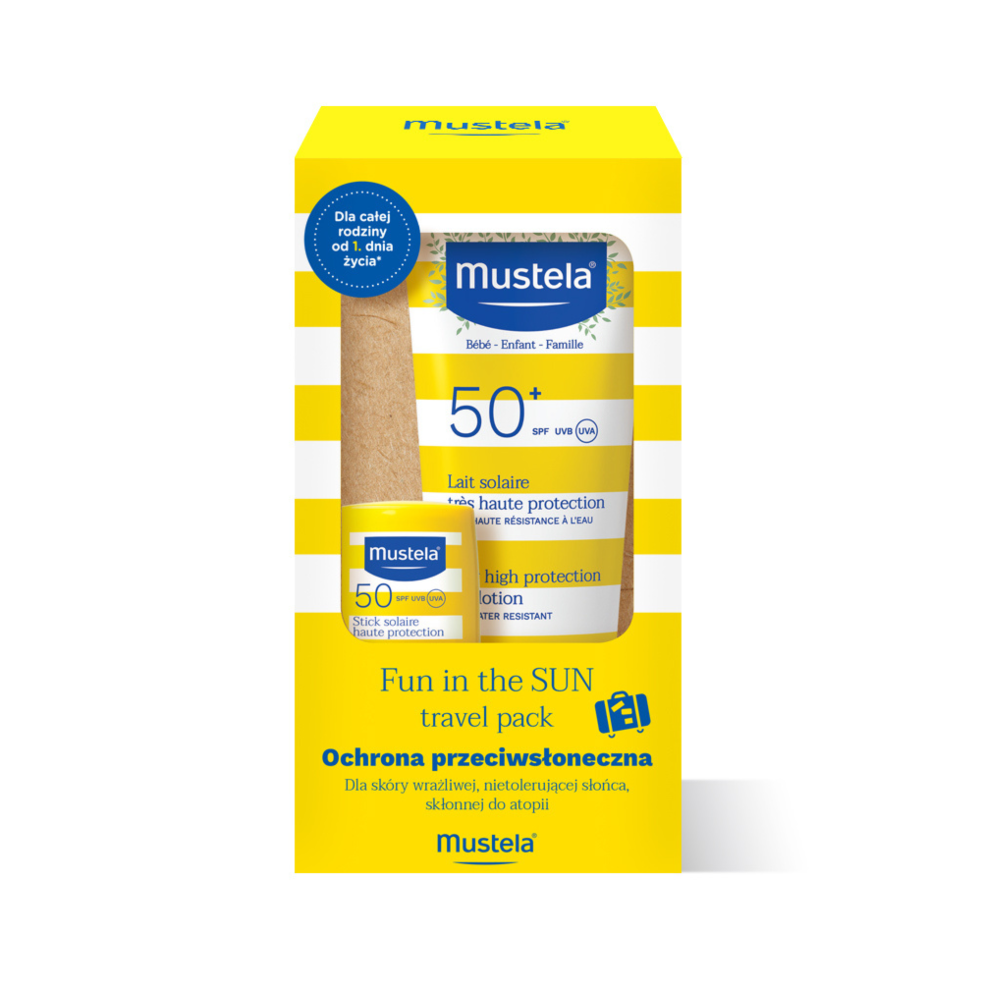 Mustela Fun In The Sun Travel Pack sztyft przeciwsłoneczny SPF 50 9 ml + mleczko przeciwsłoneczne SPF 50+ 40 ml [ZESTAW] zdjęcie