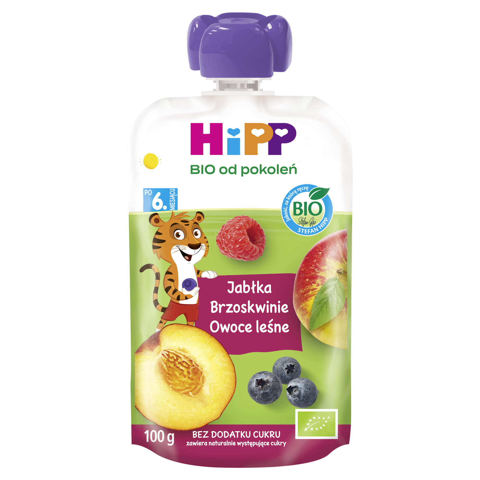 HiPP BIO od pokoleń, Jabłka-Brzoskwinie-Owoce leśne, po 6. m-cu, 100 g, cena, wskazania, opinie zdjęcie