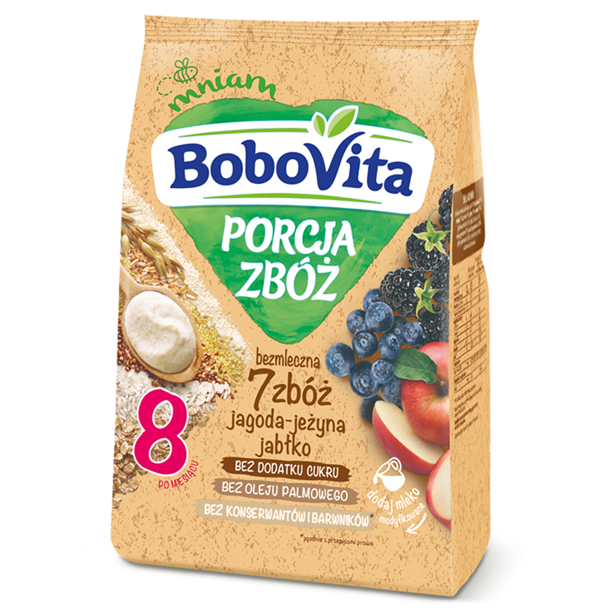 BOBOVITA PORCJA ZBÓŻ Kaszka bezmleczna 7 zbóż, jagoda - jeżyna - jabłko, po 8 miesiącu - 170 g - cena, opinie, właściwości zdjęcie