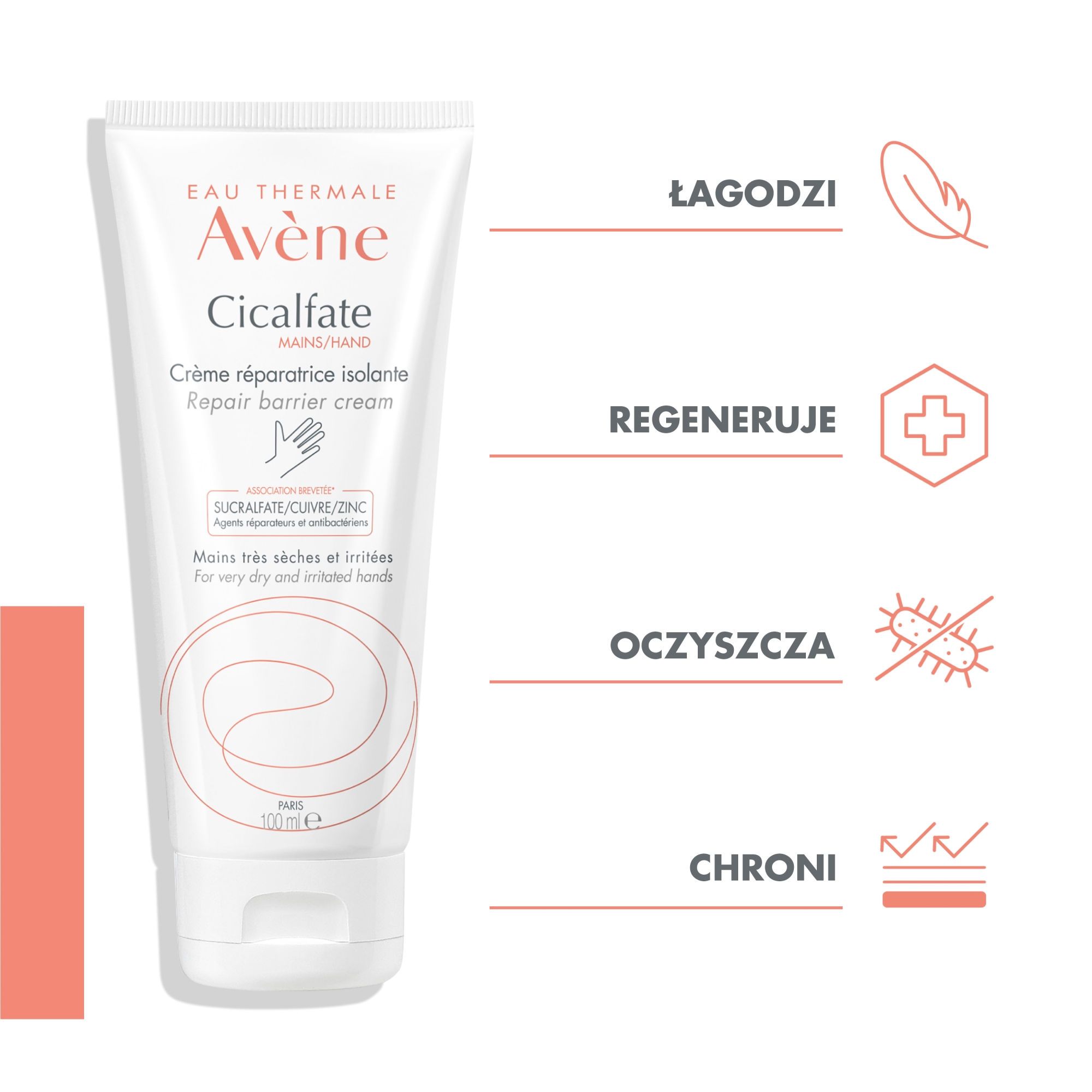 Avene Cicalfate Regenerujący Krem do rąk- efekt bariery, bardzo sucha, popękana skóra dłoni, 100 ml